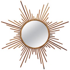 Large Rattan Sunburst Starburst Mirror, 1960s