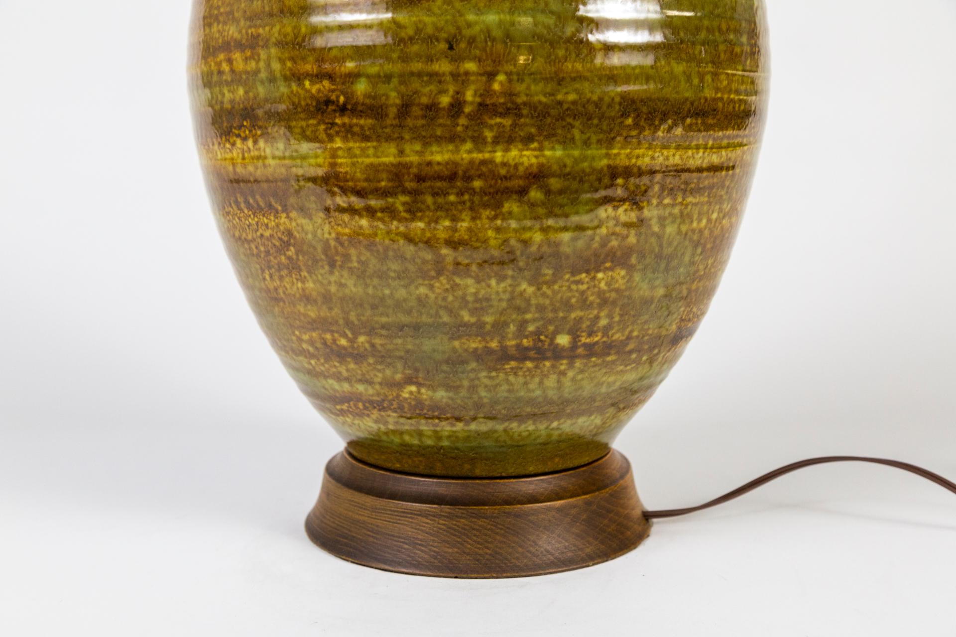 Wood Large Raw Umber Olive Ceramic Table Lamp