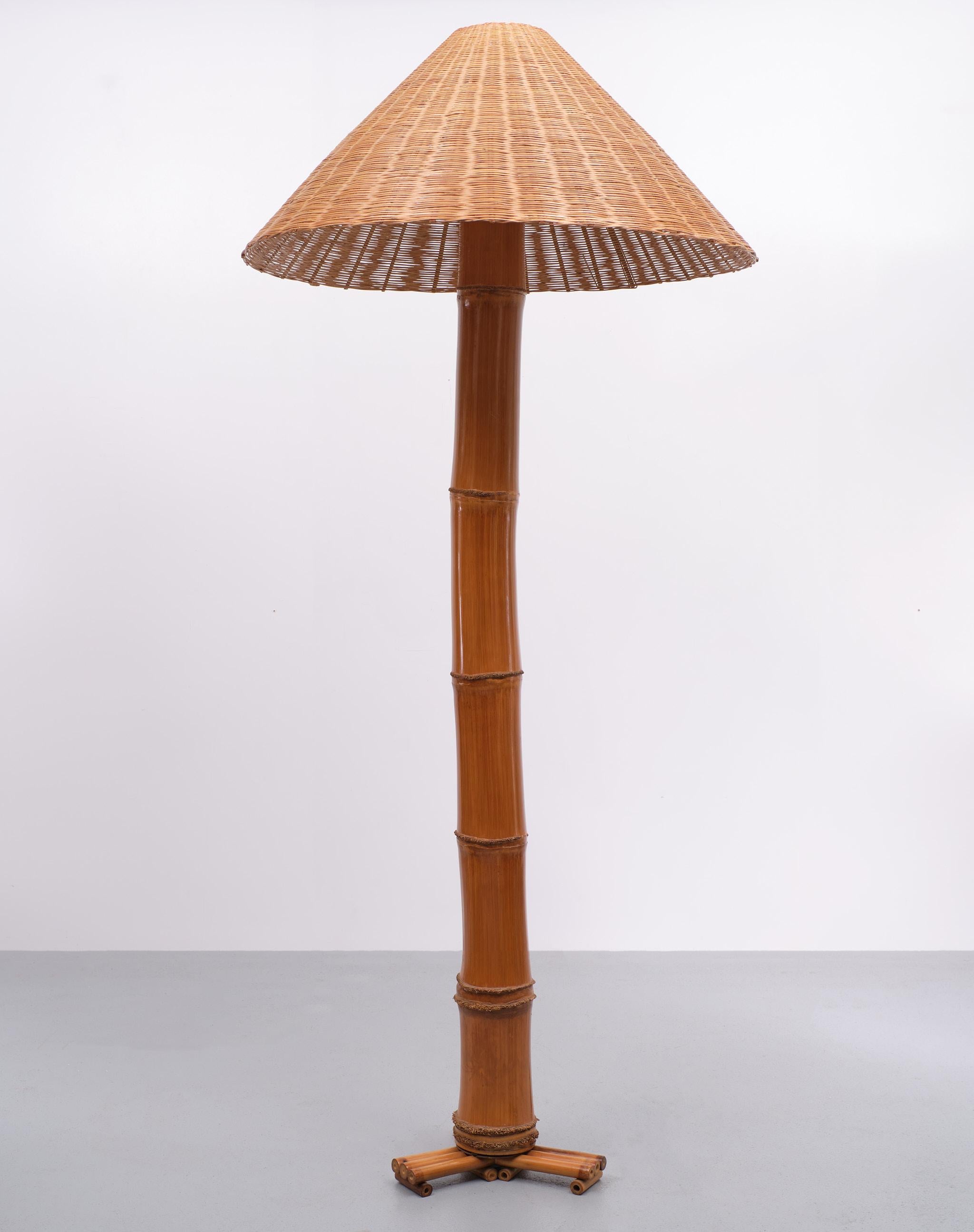 Primitive Large Real Bamboo Tiki Floor Lamp, 1980s