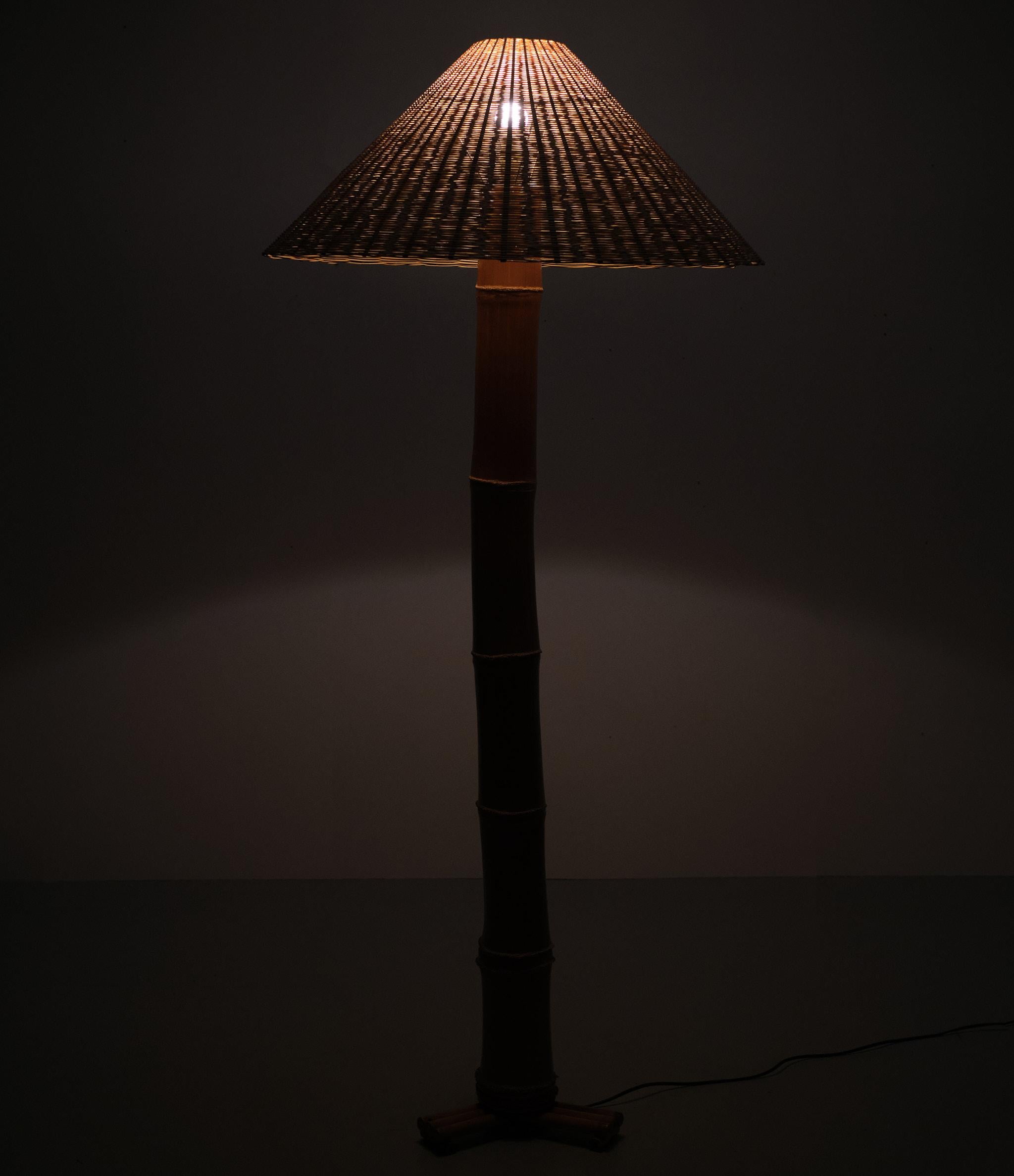 Late 20th Century Large Real Bamboo Tiki Floor Lamp, 1980s