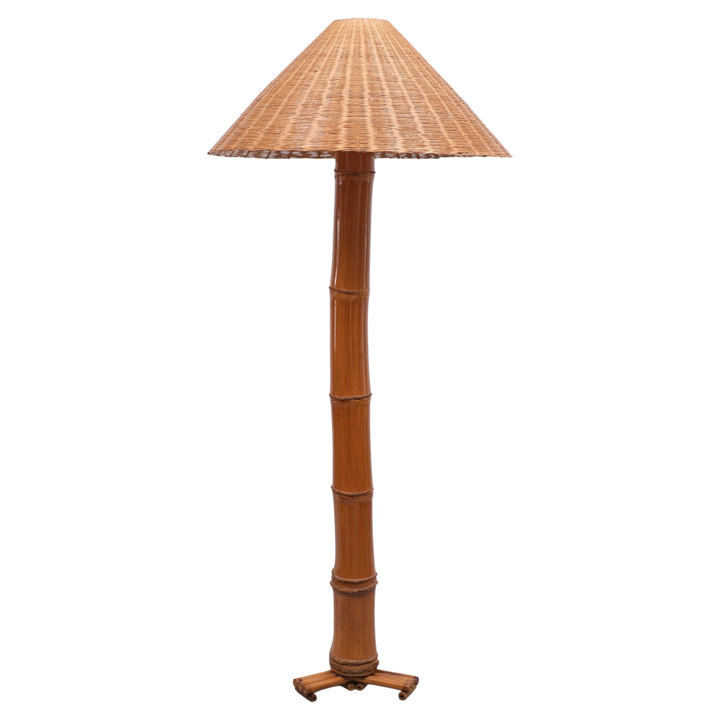 Large Real Bamboo Tiki Floor Lamp, 1980s