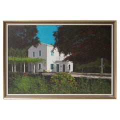 Large Realist Landscape Depicting A White Villa, Original Vintage Oil Painting
