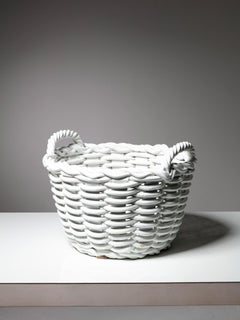 Large Realistic White Ceramic Basket Shaped Centerpiece, Italy, 1970s