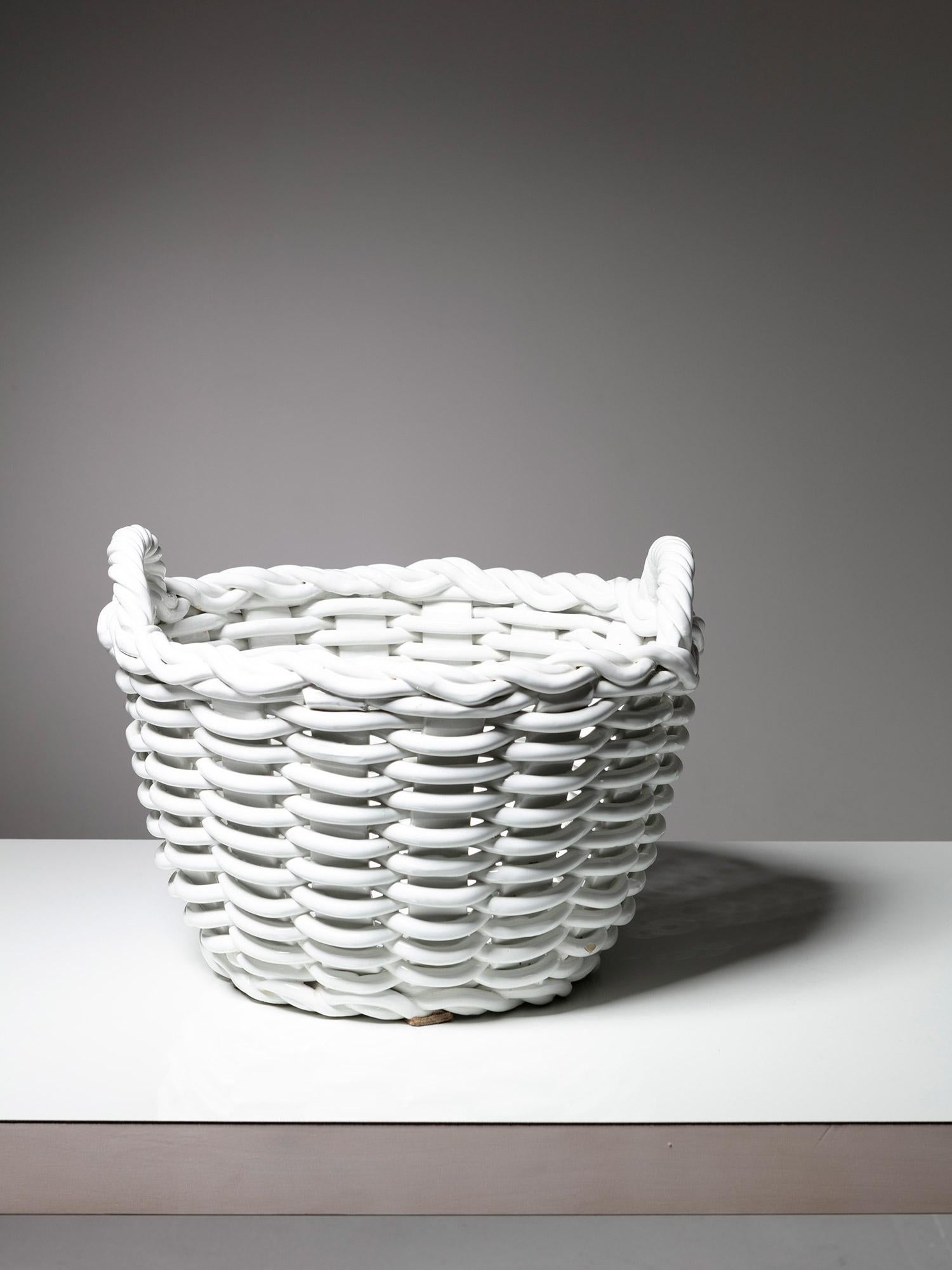 Italian Large Realistic White Ceramic Basket Shaped Centerpiece, Italy, 1970s For Sale
