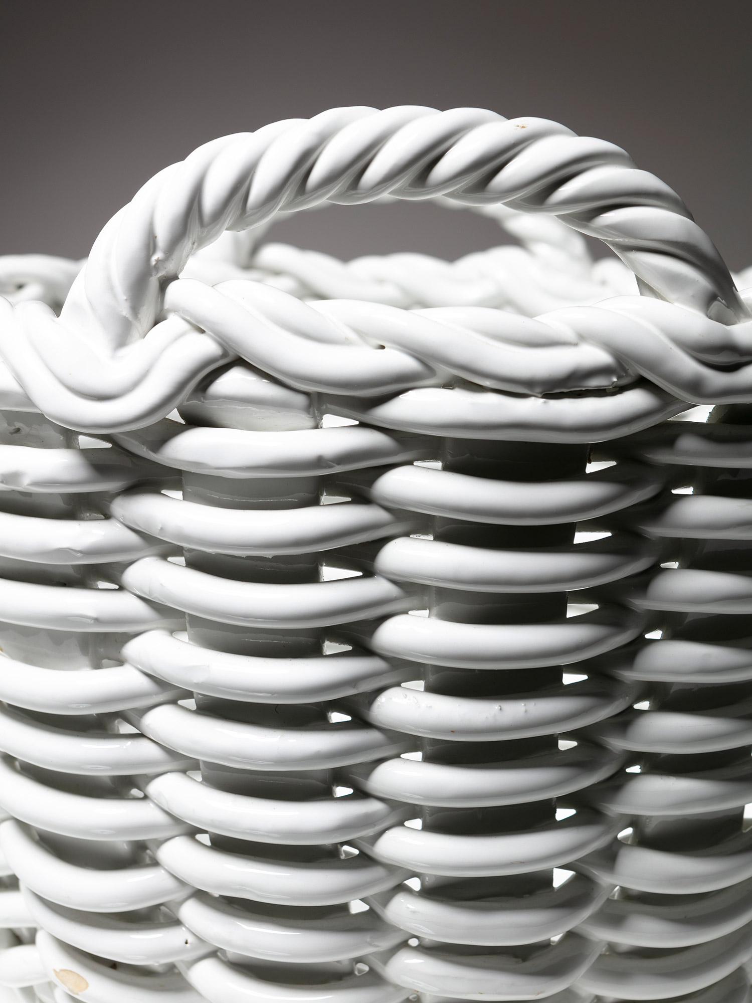 Late 20th Century Large Realistic White Ceramic Basket Shaped Centerpiece, Italy, 1970s For Sale
