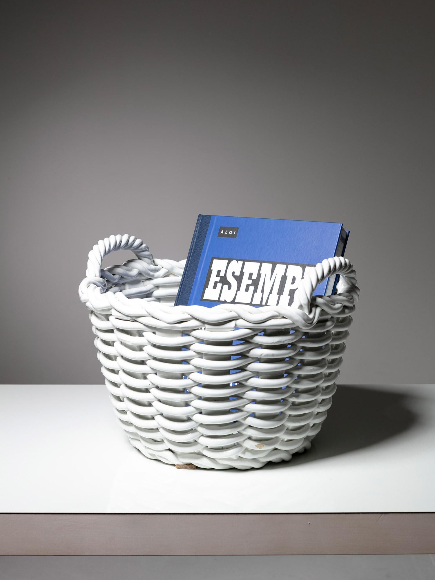 Large Realistic White Ceramic Basket Shaped Centerpiece, Italy, 1970s For Sale 2