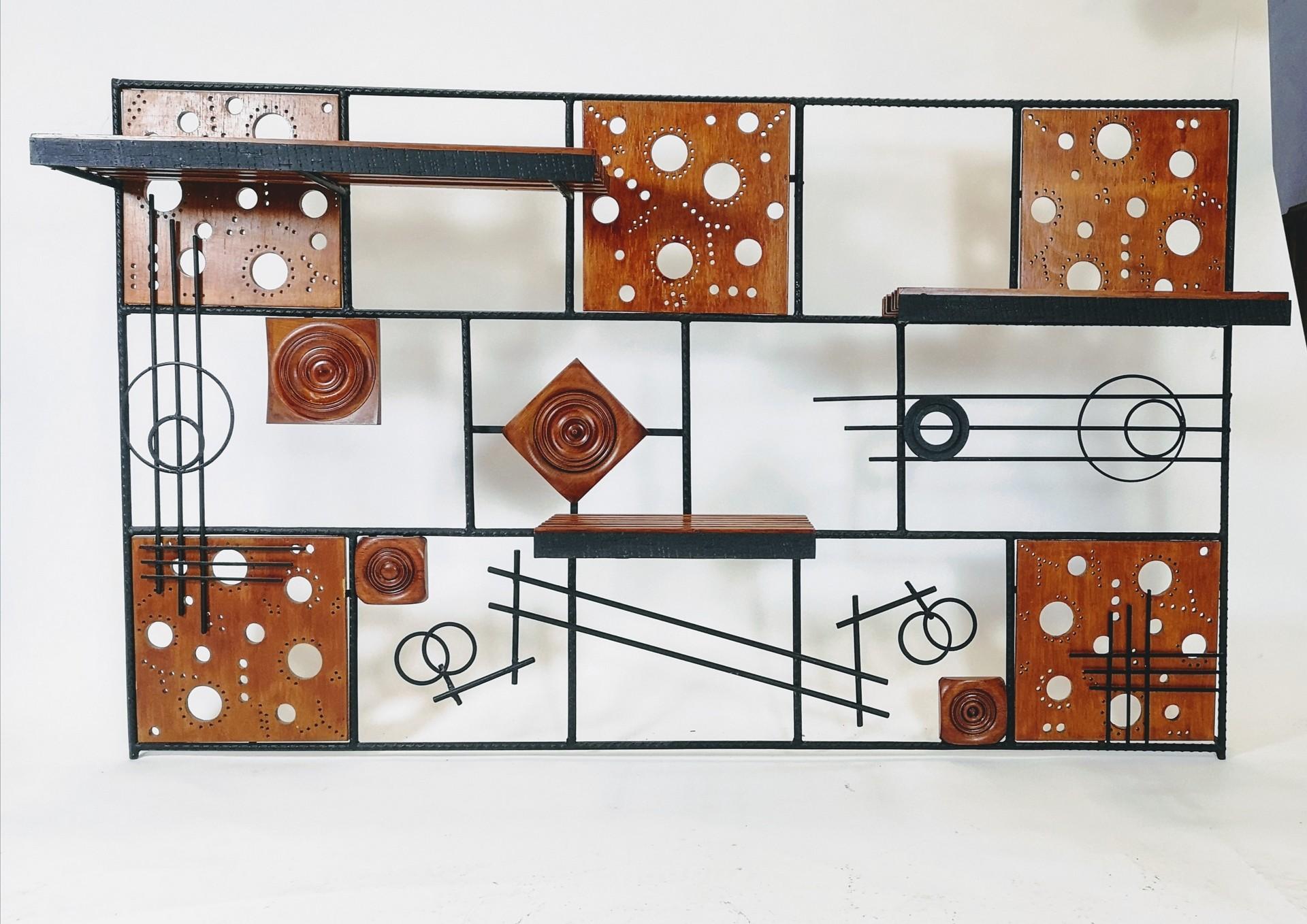 Large Rebar and wood wall shelf, with op-art and retro motifs. Made of veneered wood and hand hammered iron plus rebar this large format shelf is a rare piece from the 1970s.