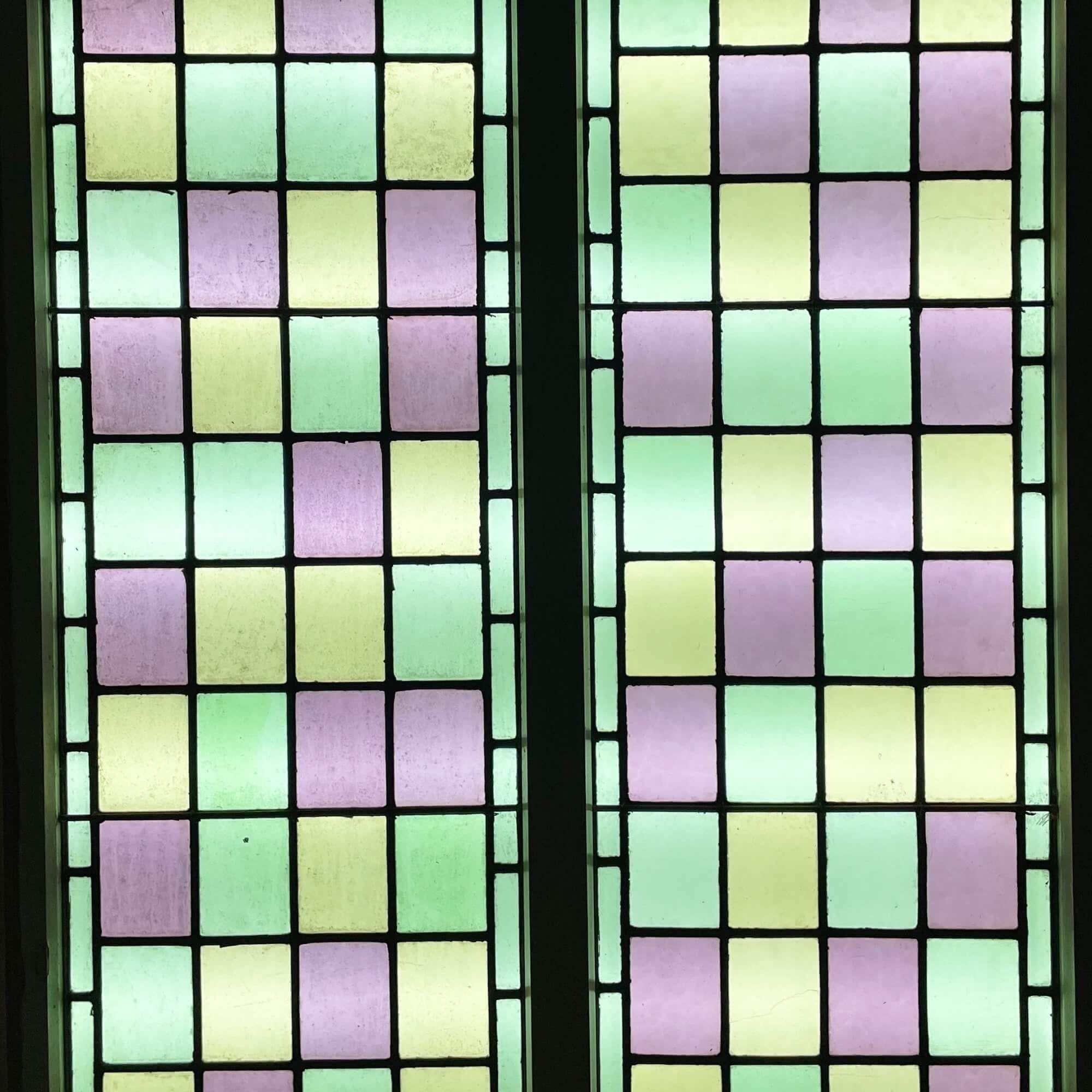 English Large Reclaimed Arched Stained Glass Double Windows For Sale