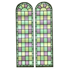 Antique Large Reclaimed Arched Stained Glass Double Windows
