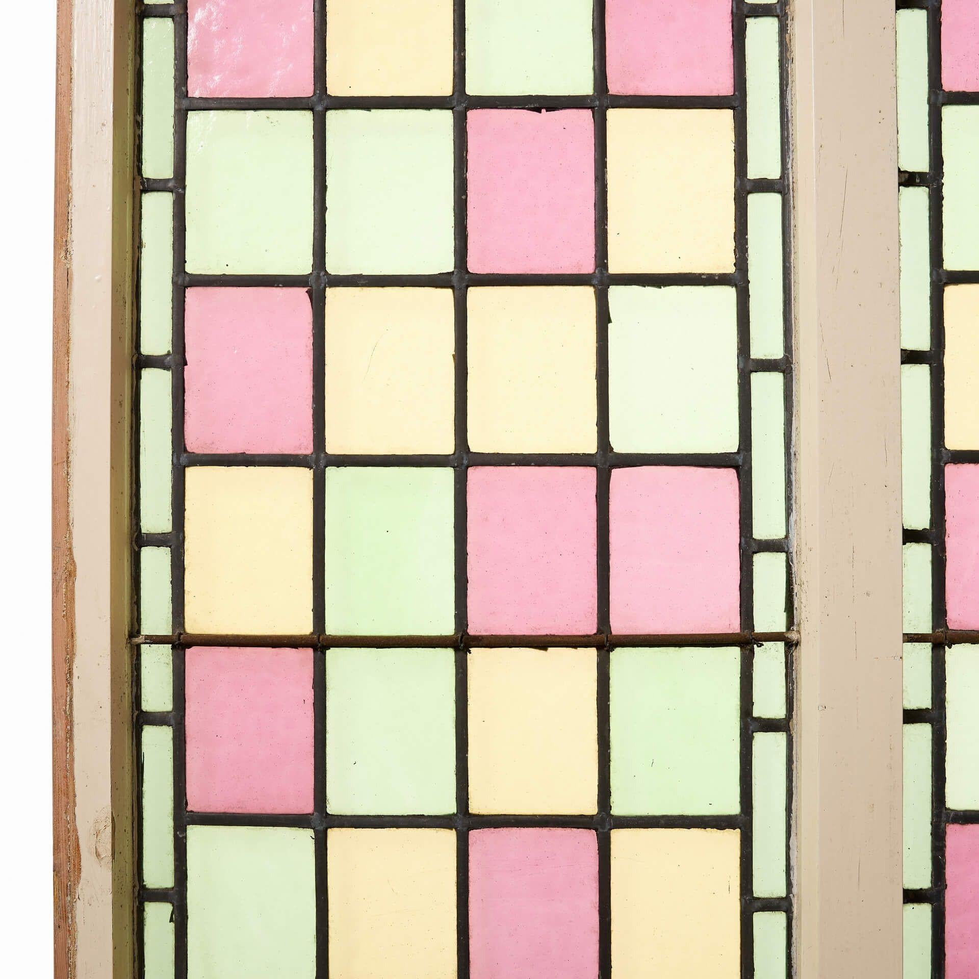Victorian Large Reclaimed Chapel Stained Glass Arched Double Windows For Sale