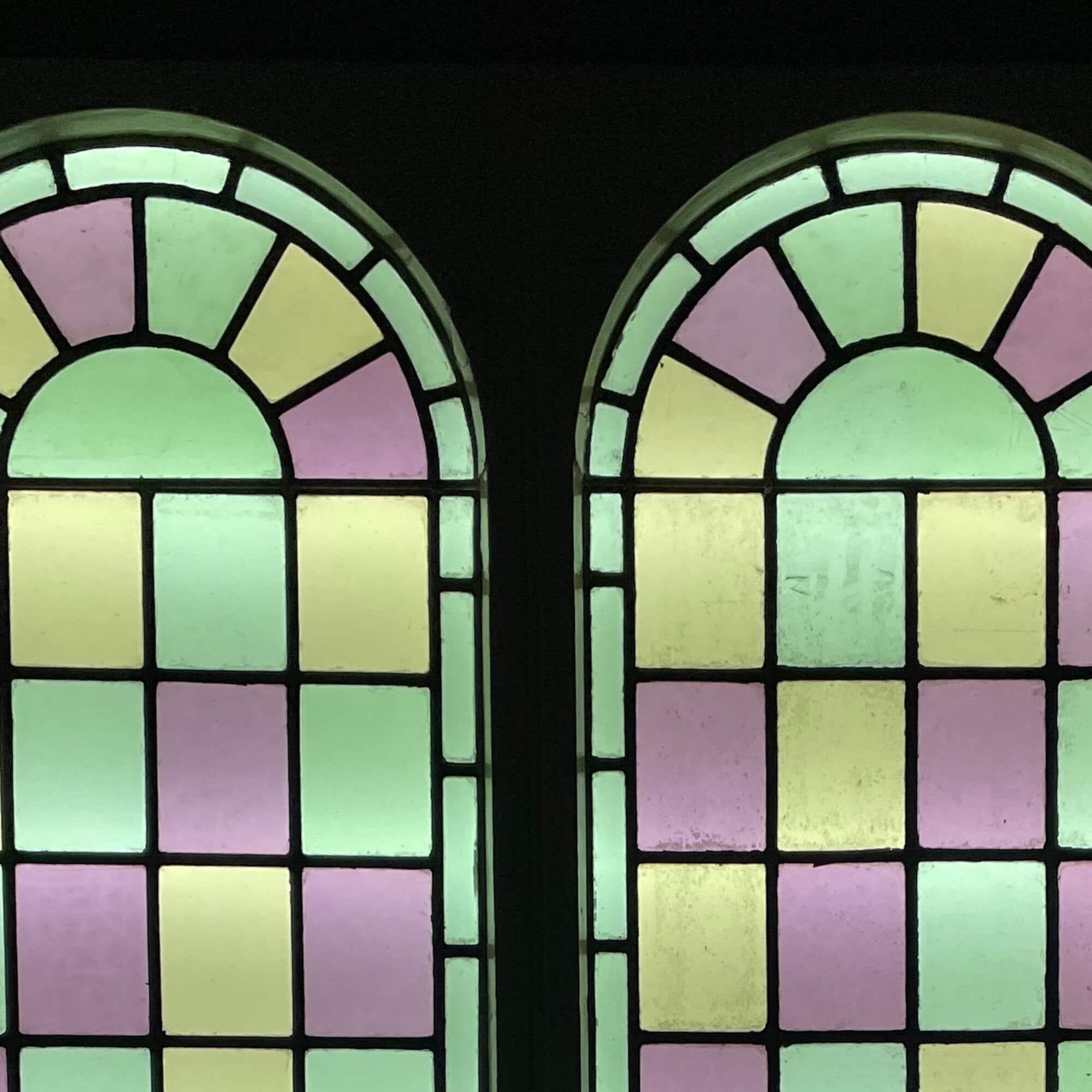 English Large Reclaimed Chapel Stained Glass Arched Double Windows For Sale