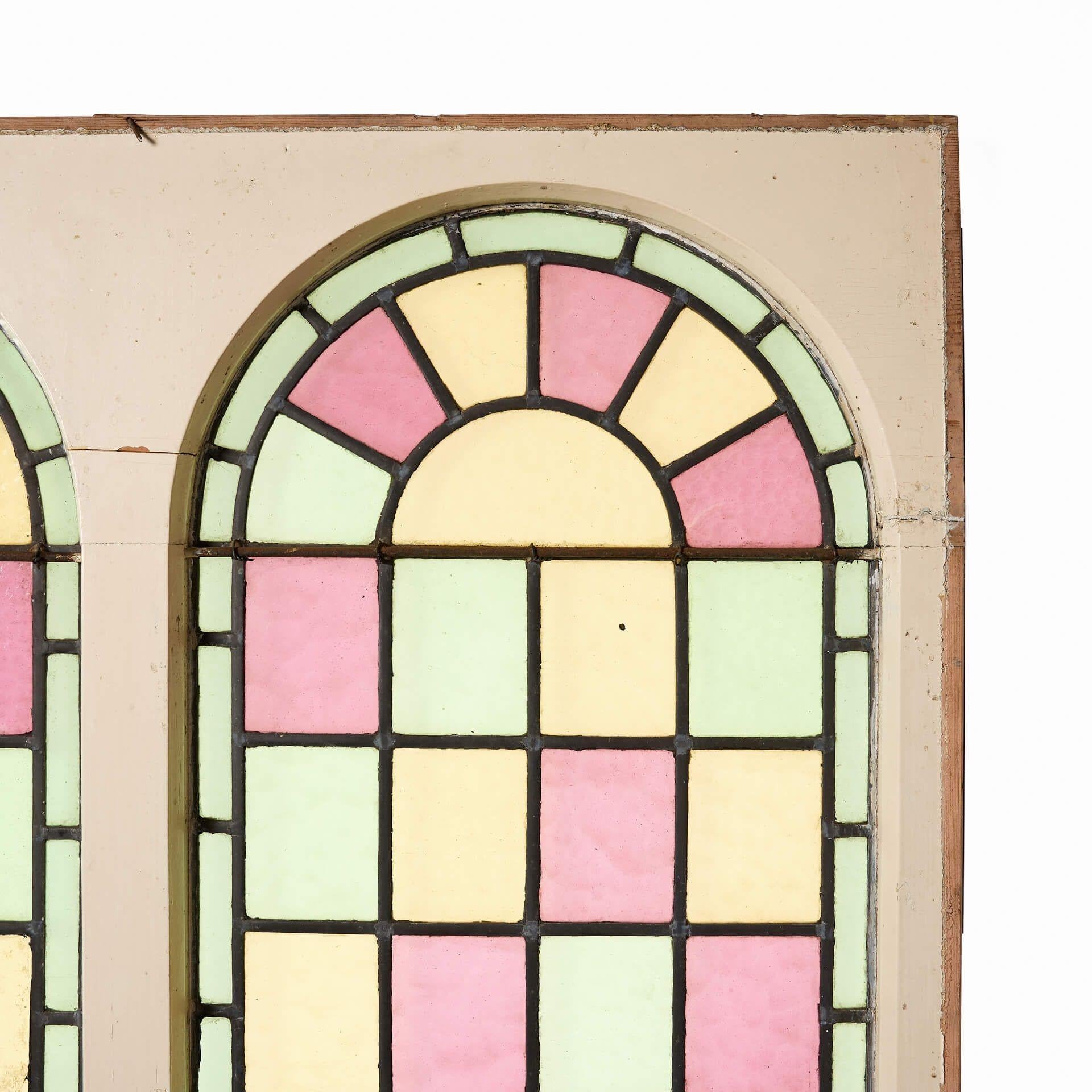 English Large Reclaimed Chapel Stained Glass Arched Double Windows For Sale