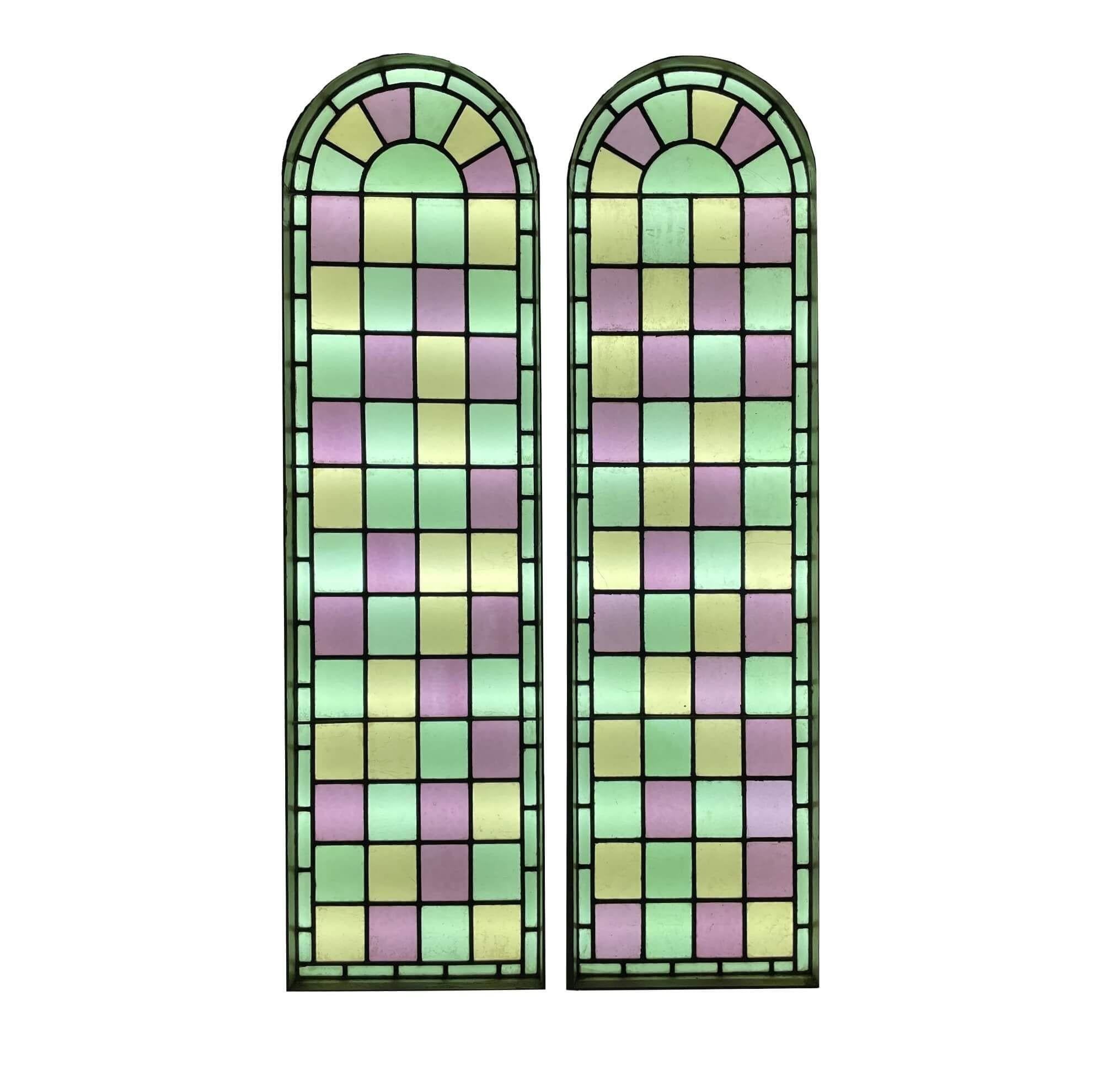 Large Reclaimed Chapel Stained Glass Arched Double Windows For Sale
