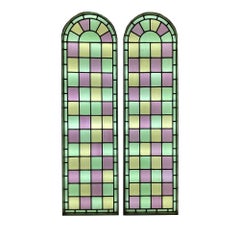 Antique Large Reclaimed Chapel Stained Glass Arched Double Windows