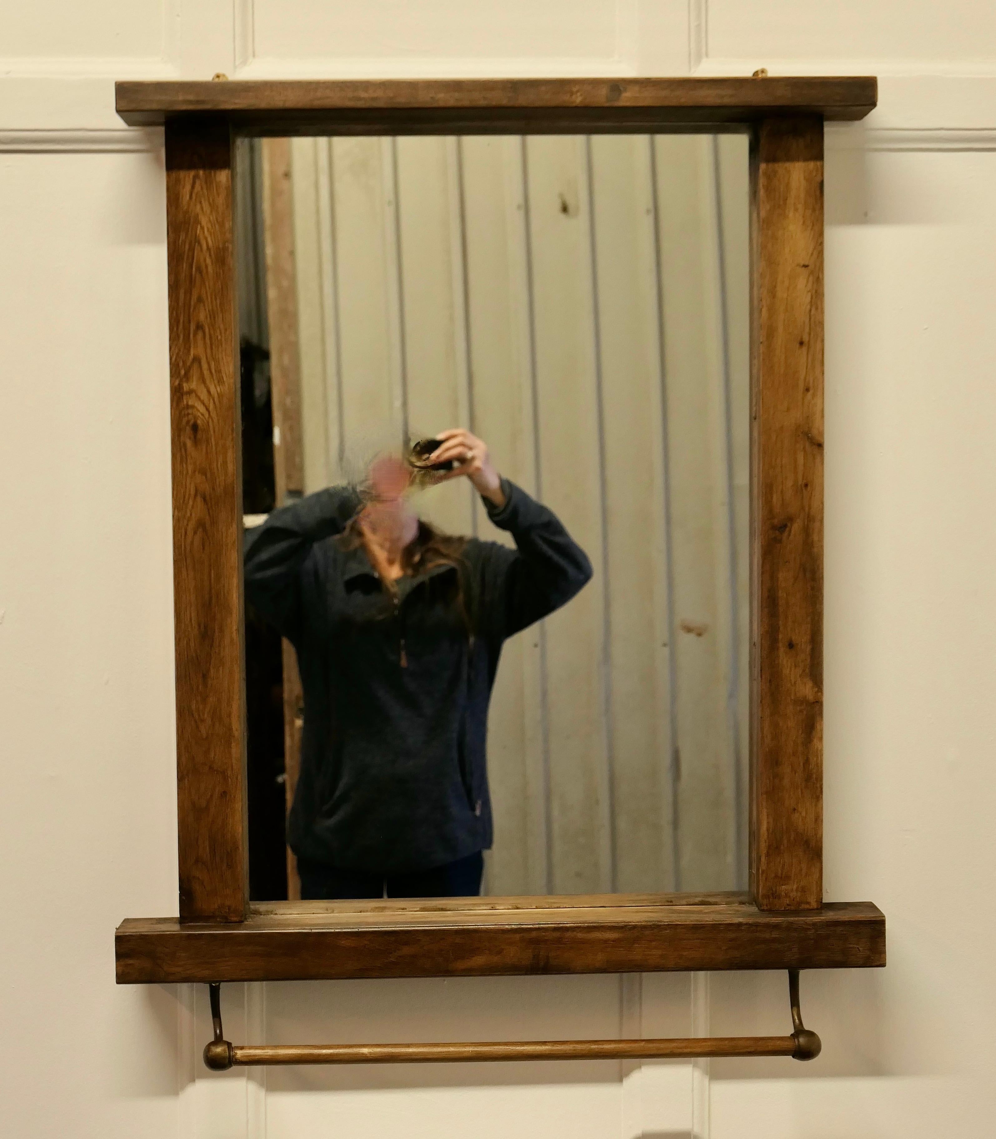 Mid-Century Modern Large Reclaimed Oak Cloakroom Wall Mirror with Towel Rail For Sale