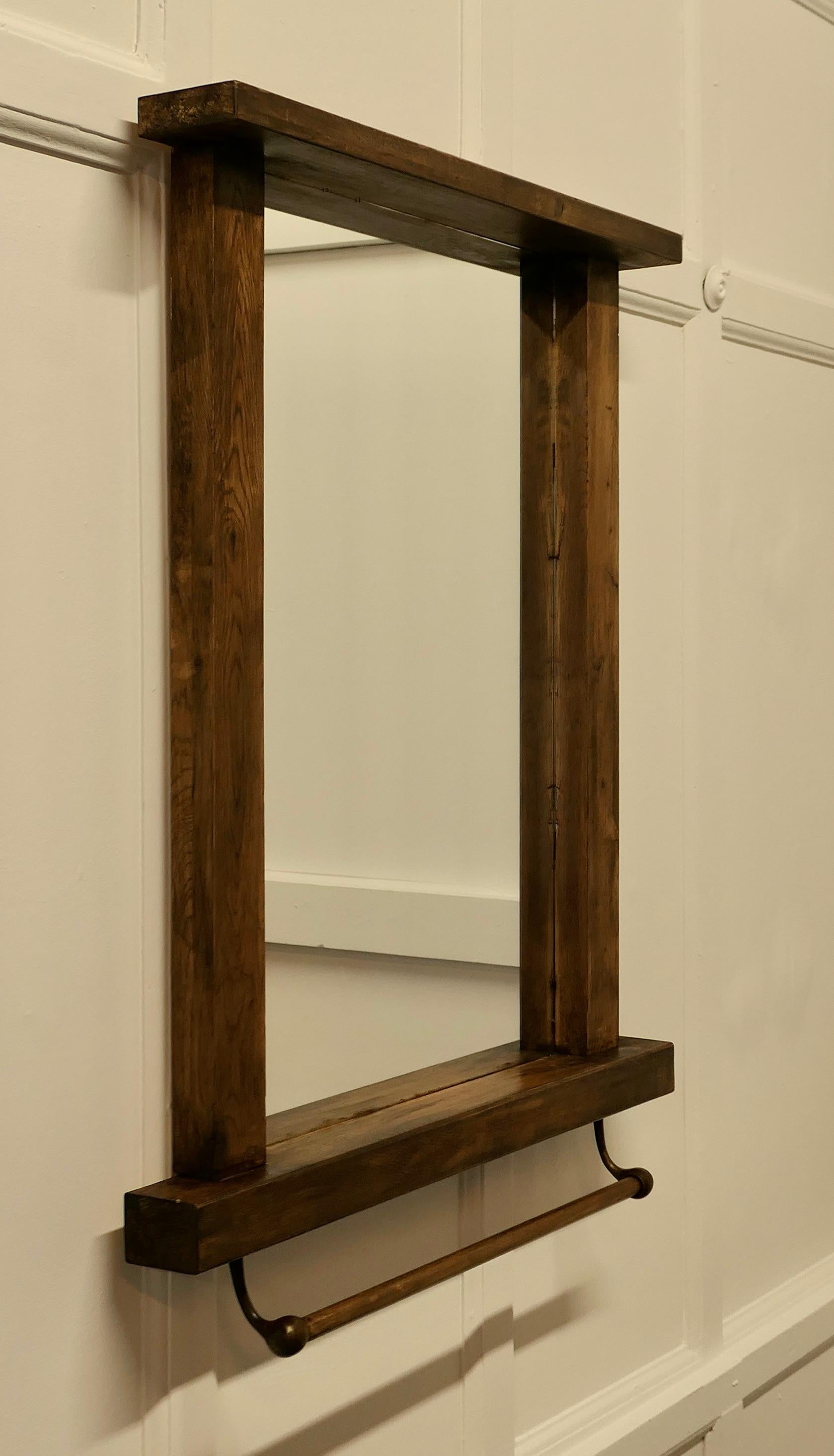 Large Reclaimed Oak Cloakroom Wall Mirror with Towel Rail In Good Condition For Sale In Chillerton, Isle of Wight