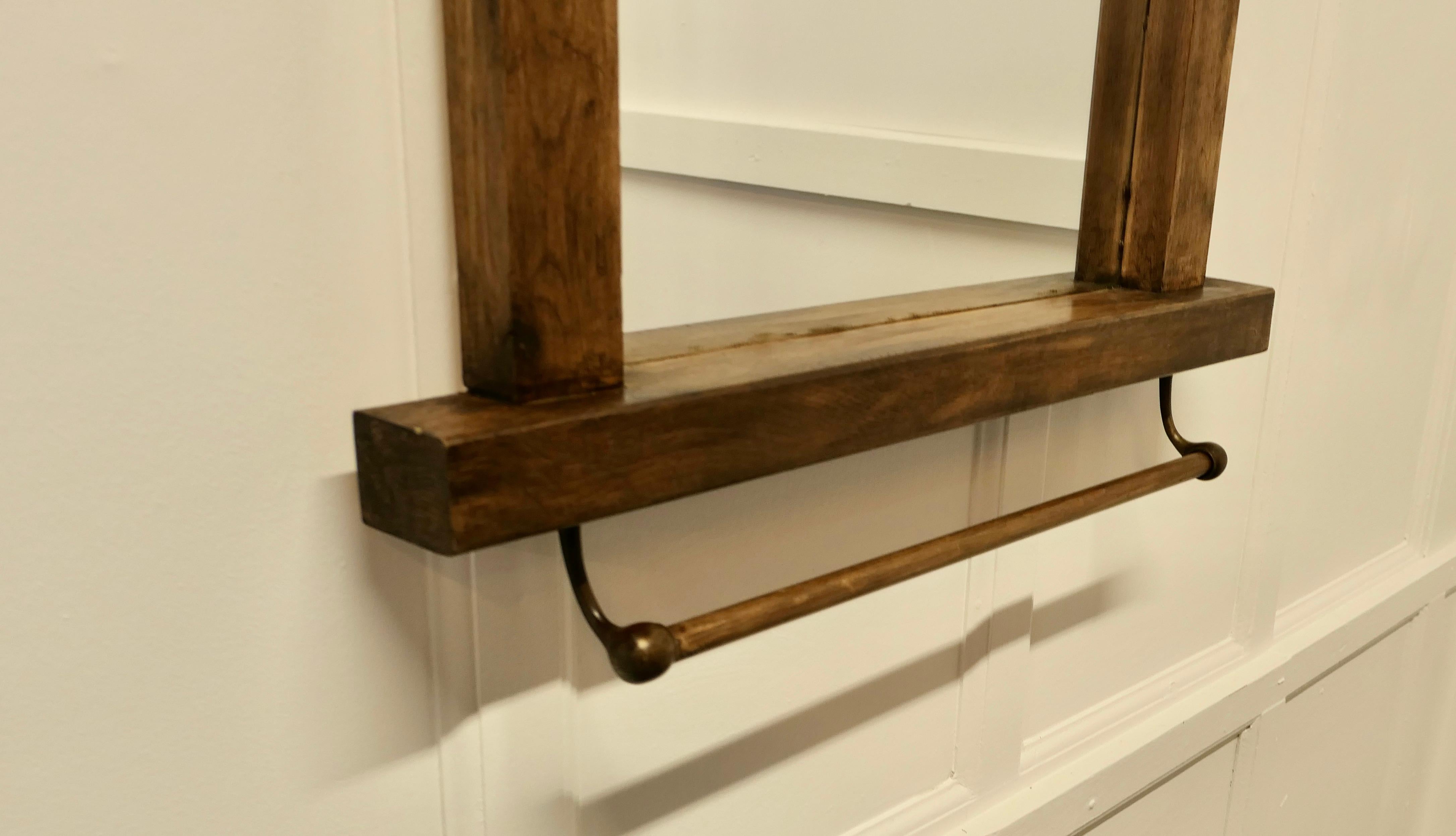20th Century Large Reclaimed Oak Cloakroom Wall Mirror with Towel Rail For Sale
