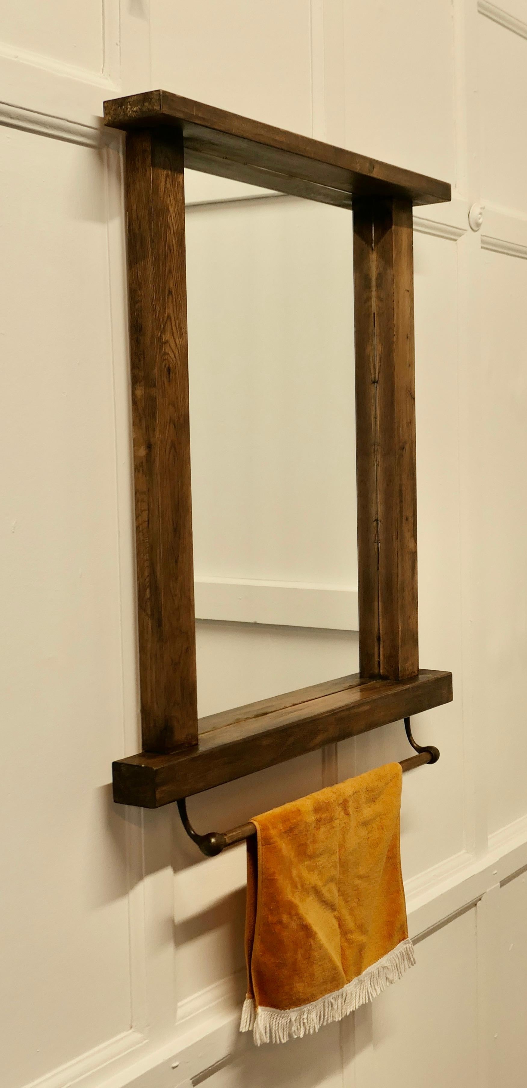 Large Reclaimed Oak Cloakroom Wall Mirror with Towel Rail For Sale 1