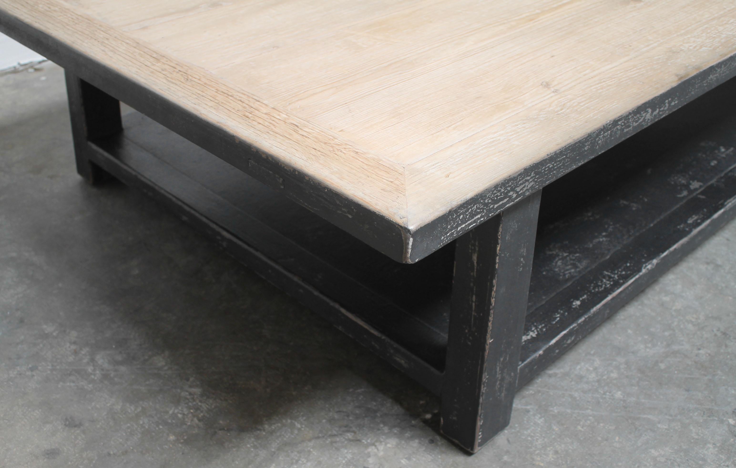 Large Reclaimed Pine Wood Coffee Table with Distressed Black Finish In New Condition In Brea, CA