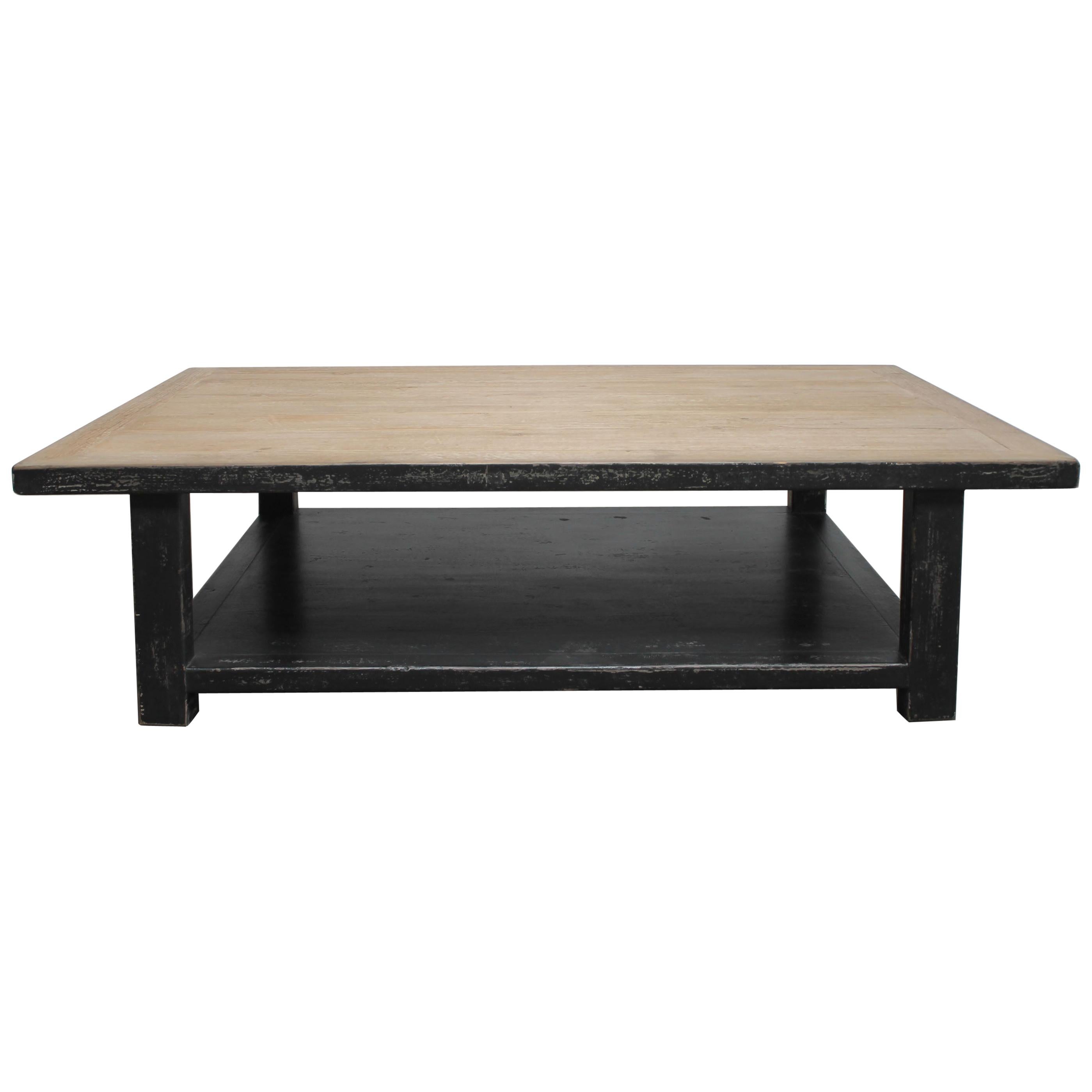 Large Reclaimed Pine Wood Coffee Table with Distressed Black Finish