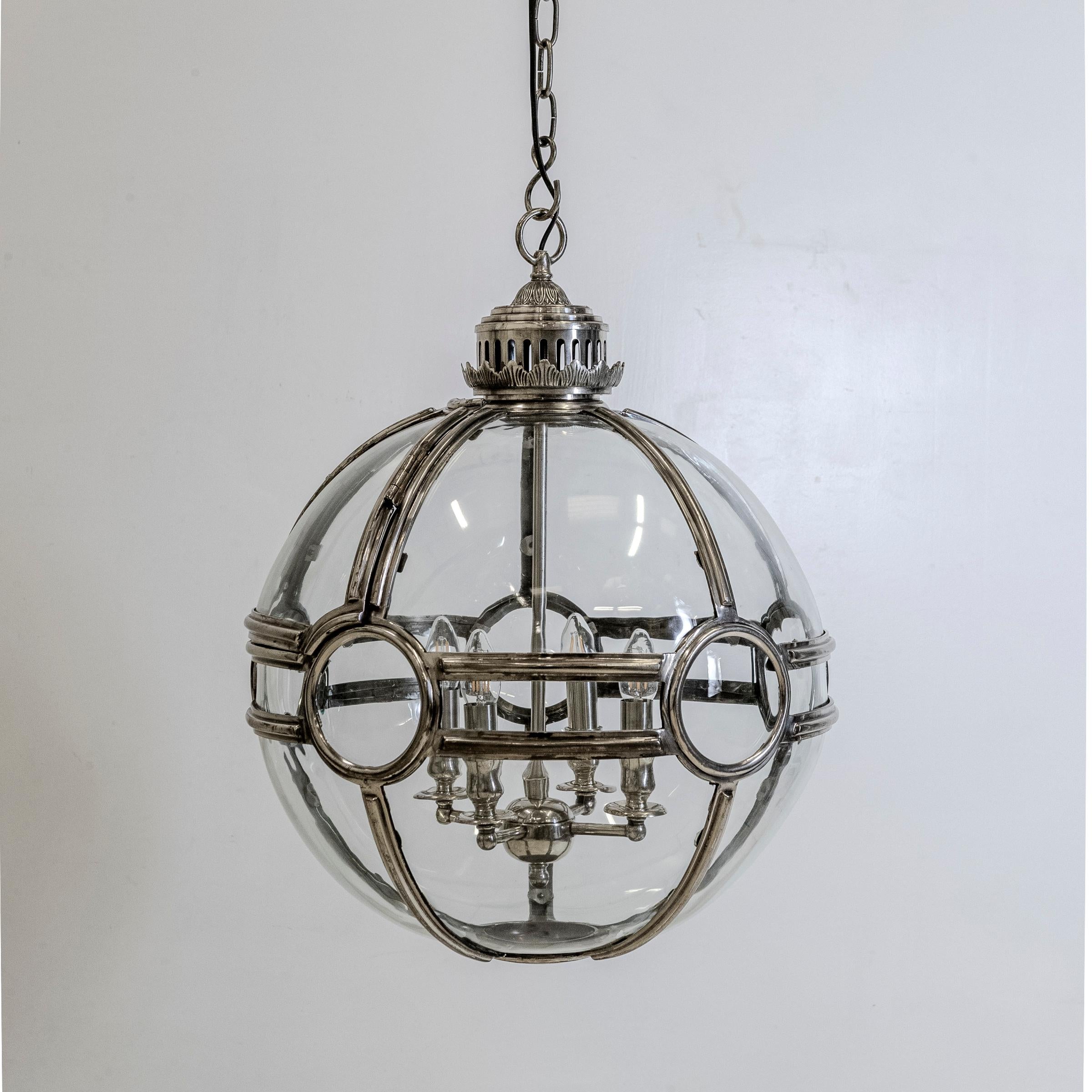 Contemporary Large Reclaimed Polished Steel Sphere Globe Pendant  2 Available For Sale