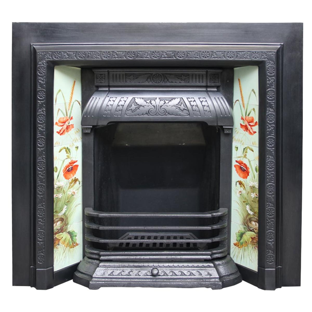 Large Reclaimed Victorian Cast Iron and Tiled Fireplace Insert