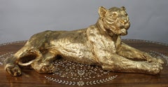Large Reclining Lioness Sculpture Resin with Hand-Applied Gold Leaf Finish