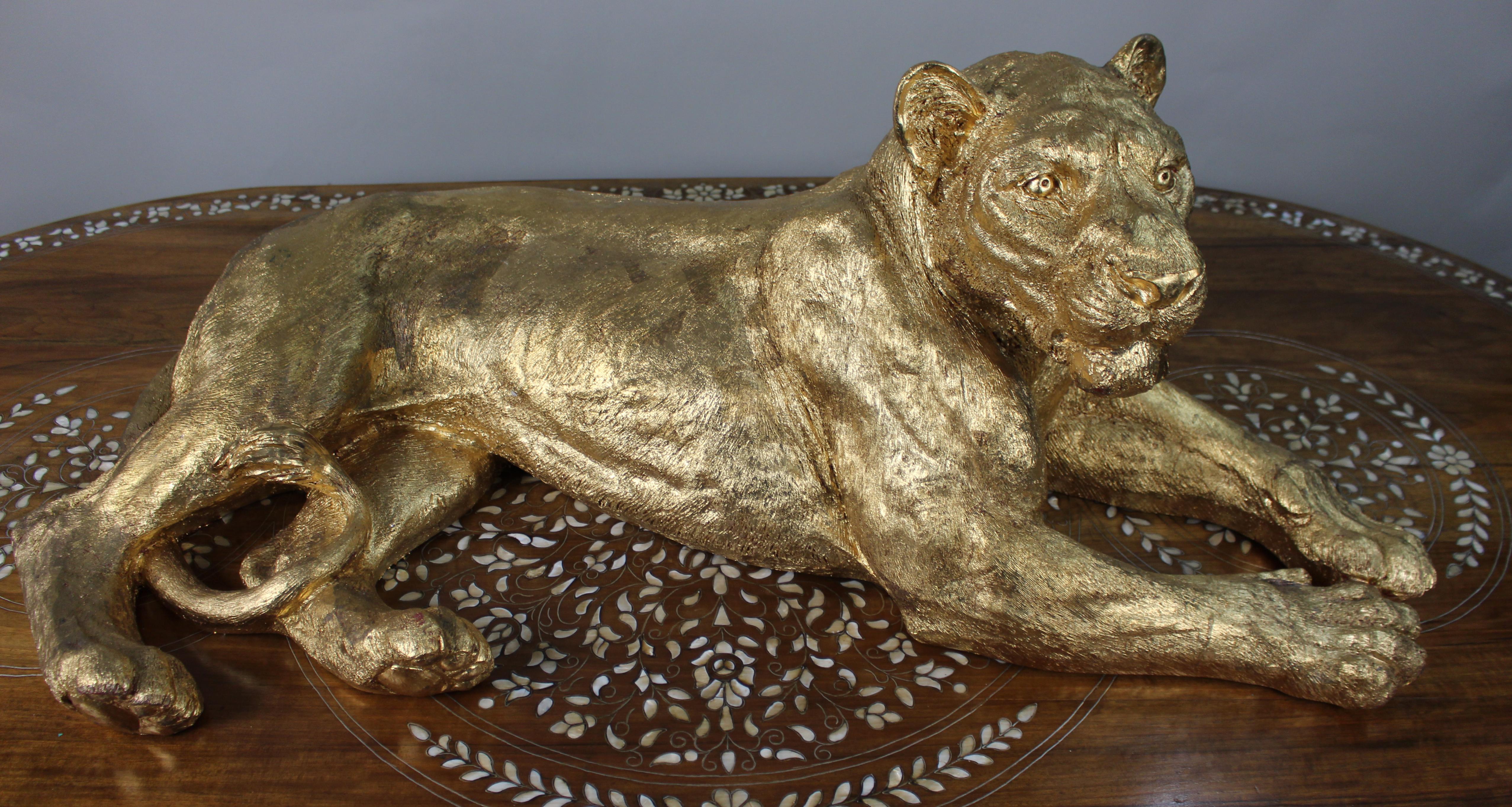 Large Reclining Lioness Sculpture Resin with Hand-Applied Gold Leaf Finish In Good Condition For Sale In Worcester, GB