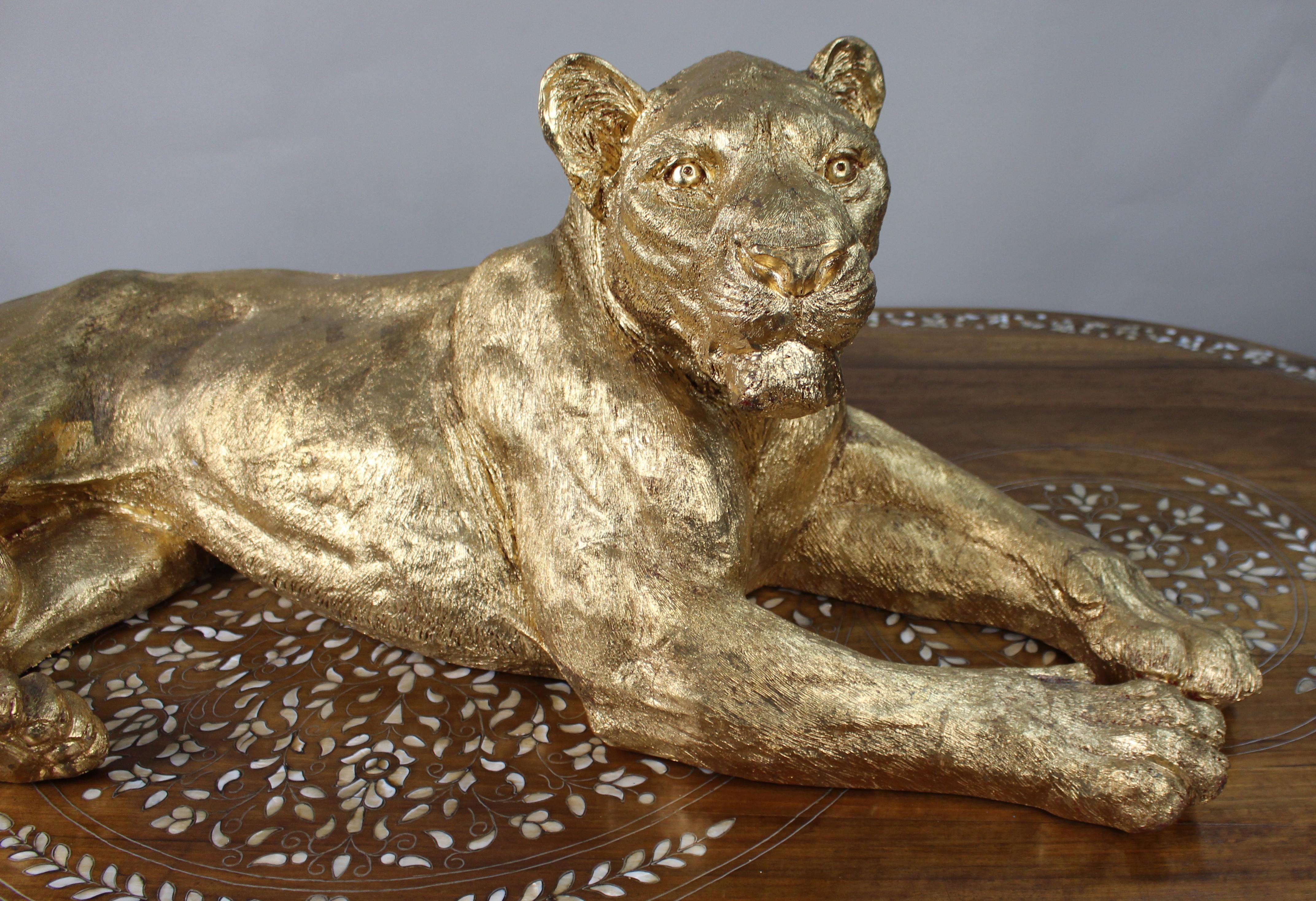 20th Century Large Reclining Lioness Sculpture Resin with Hand-Applied Gold Leaf Finish For Sale
