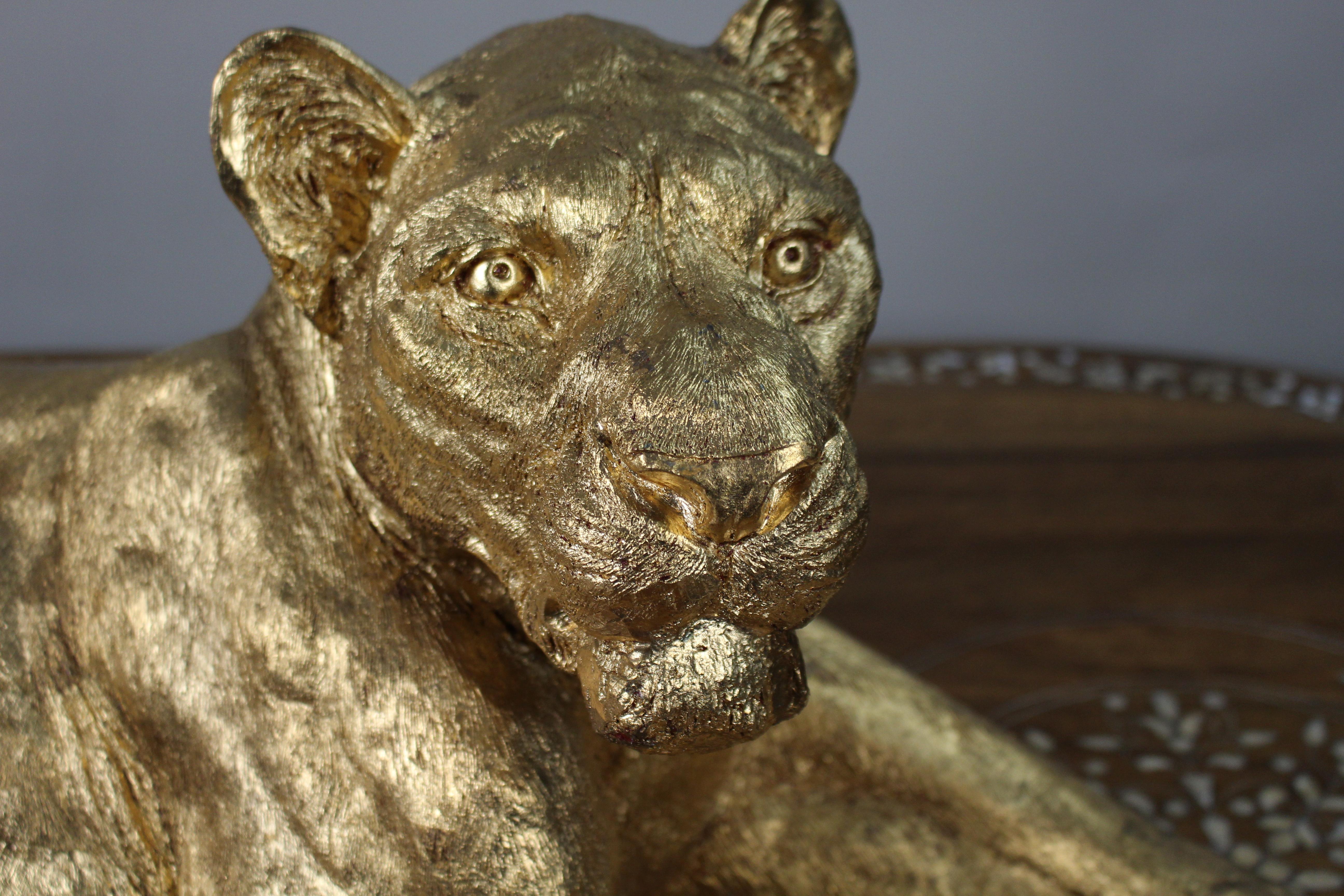 Large Reclining Lioness Sculpture Resin with Hand-Applied Gold Leaf Finish For Sale 1
