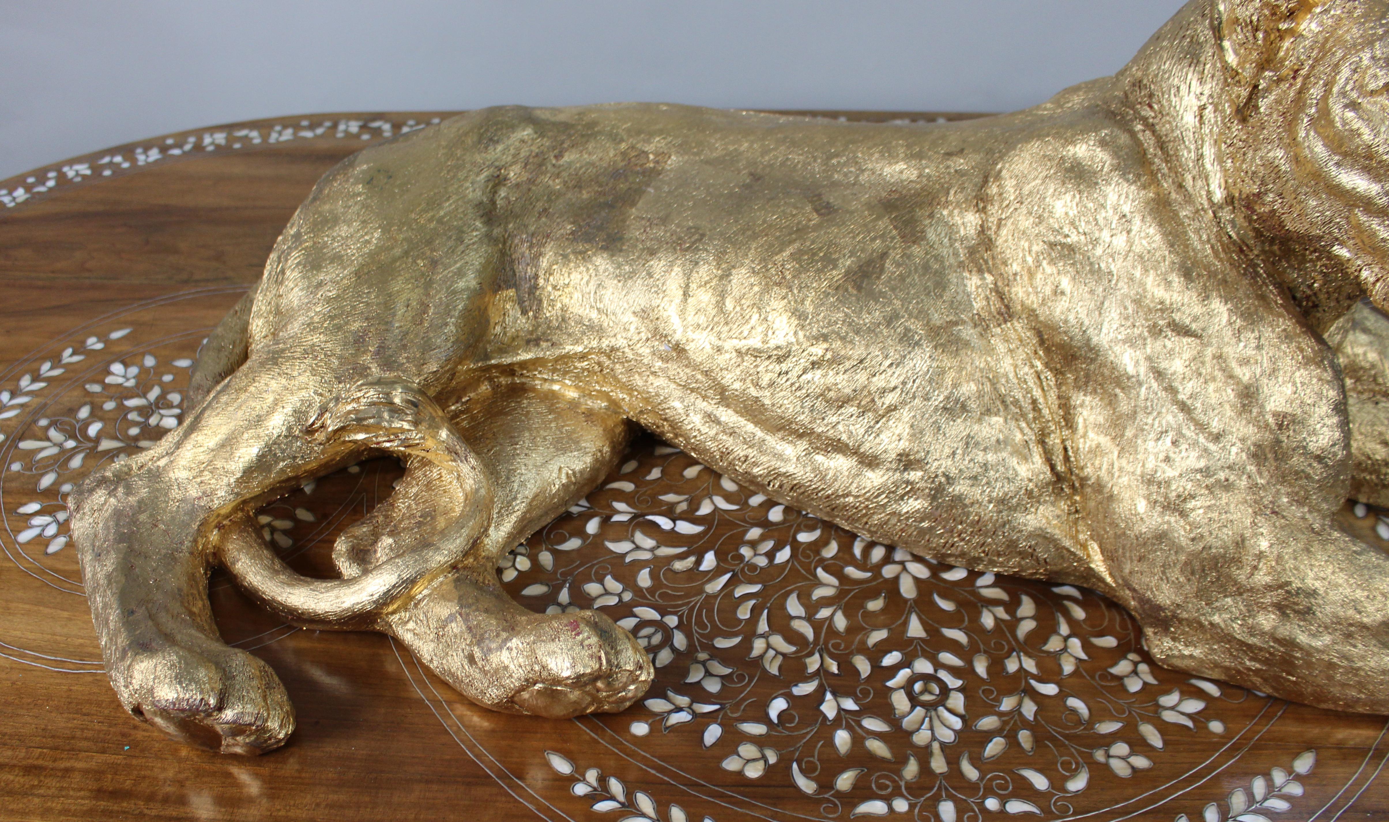 Large Reclining Lioness Sculpture Resin with Hand-Applied Gold Leaf Finish For Sale 2