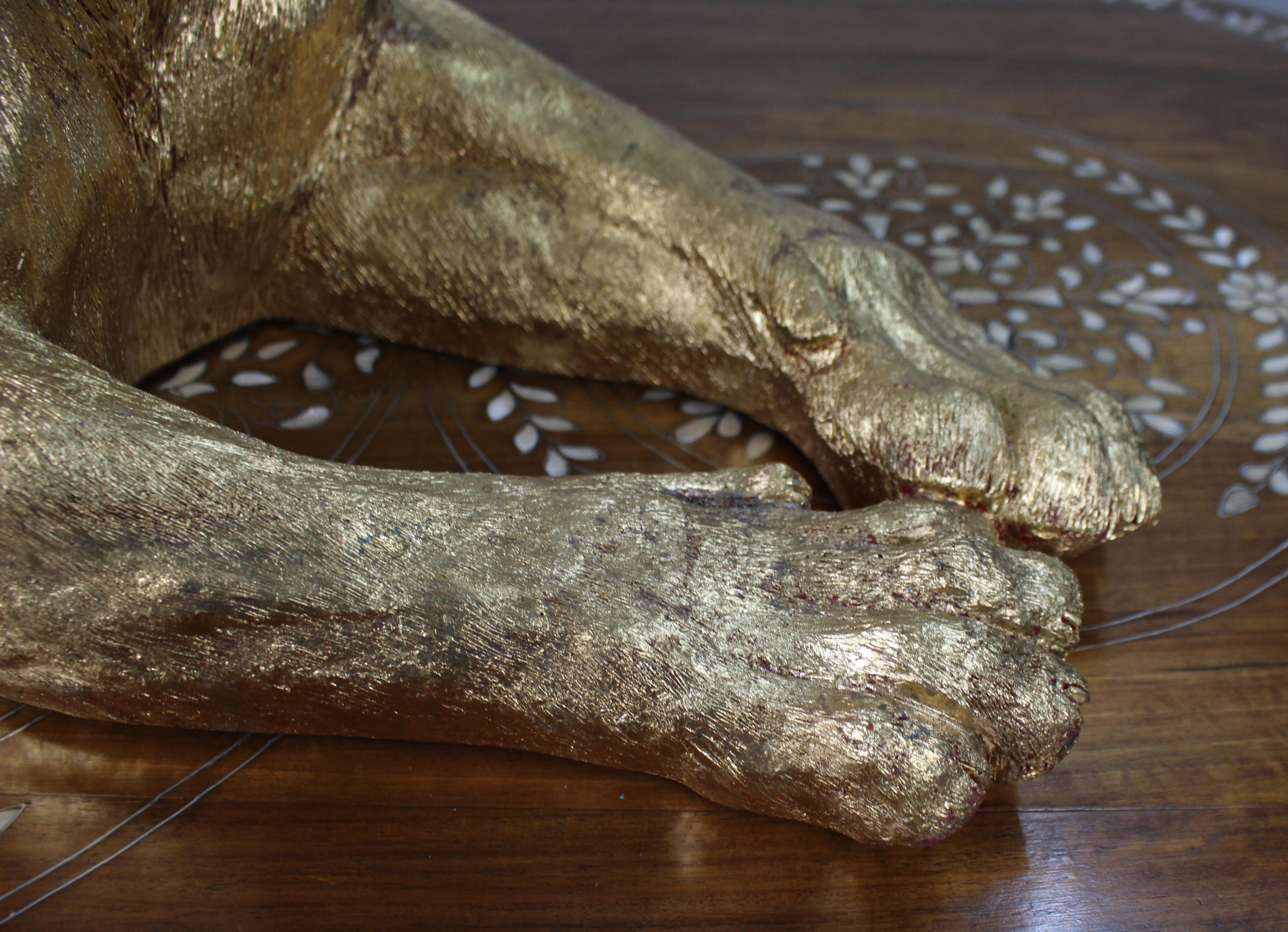 Large Reclining Lioness Sculpture Resin with Hand-Applied Gold Leaf Finish For Sale 3