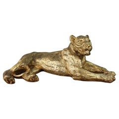Large Reclining Lioness Sculpture Resin with Hand-Applied Gold Leaf Finish