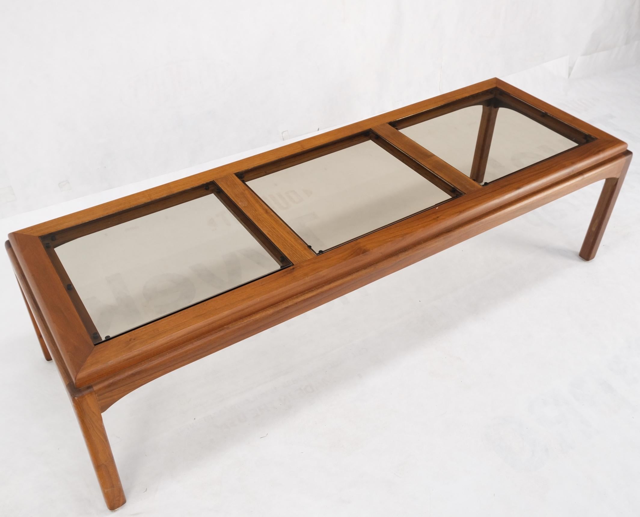 Large Rectangle 3 Smoked Glass Panes Top Solid Oiled Walnut Coffee Table MINT! For Sale 3