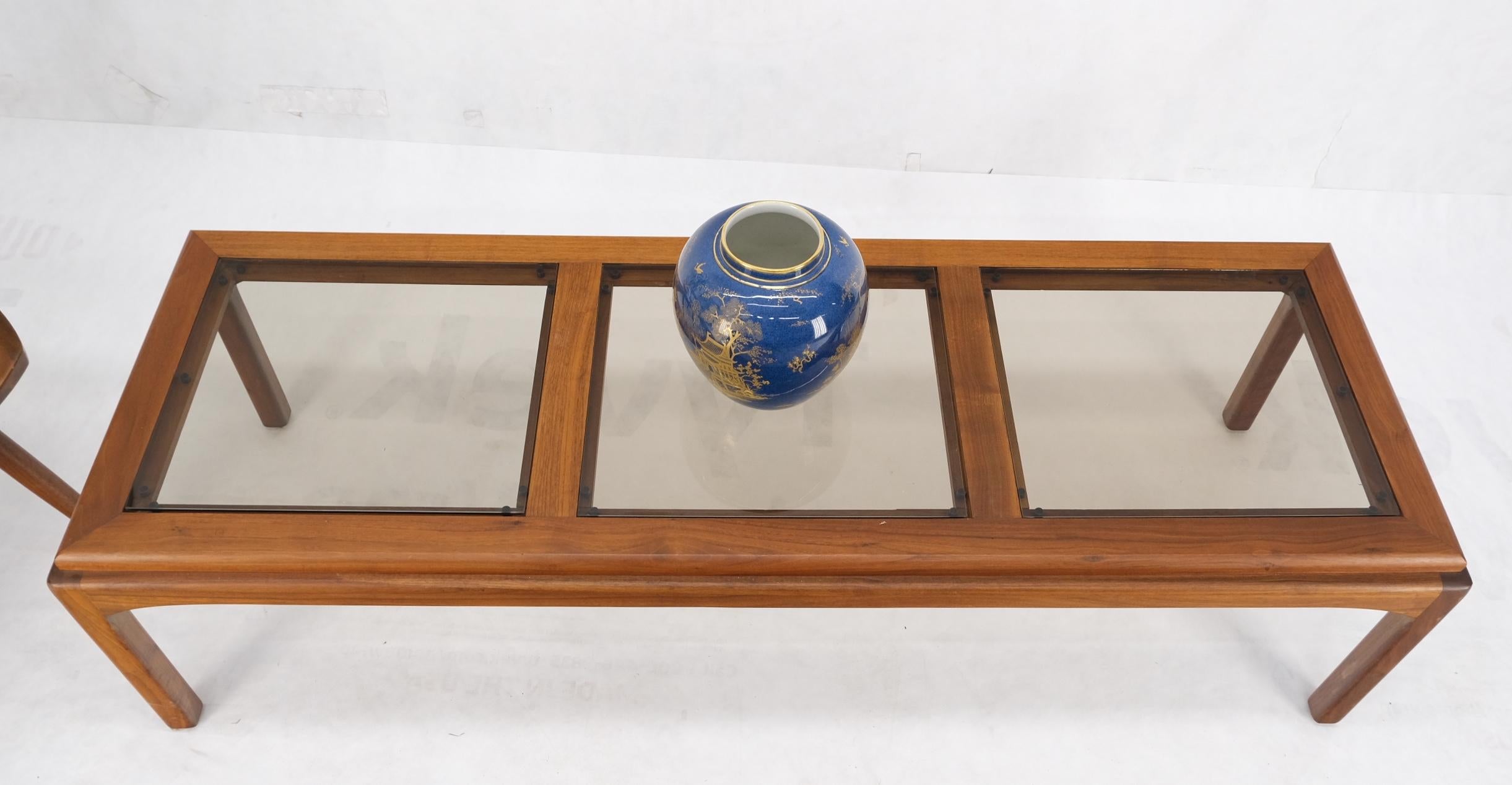 Large Rectangle 3 Smoked Glass Panes Top Solid Oiled Walnut Coffee Table MINT! For Sale 6
