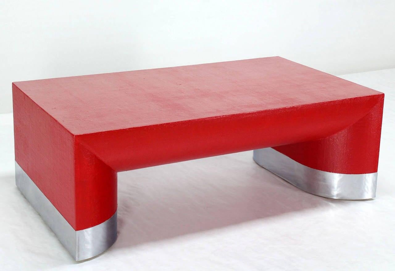 American Large Rectangle Grass Cloth Mid Century Modern Coffee Table in Fire Red MINT! For Sale