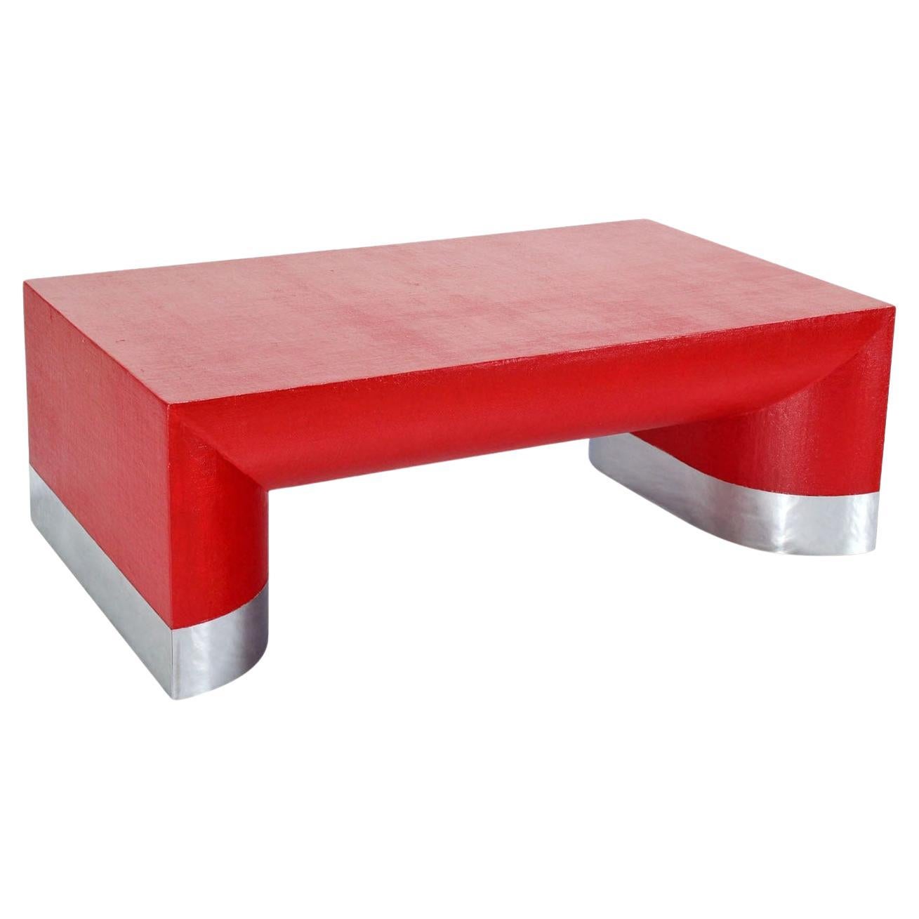 Large Rectangle Grass Cloth Mid Century Modern Coffee Table in Fire Red MINT! For Sale