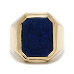 Grande bague sigillaire rectangulaire en lapis, or jaune 14 carats, pour homme