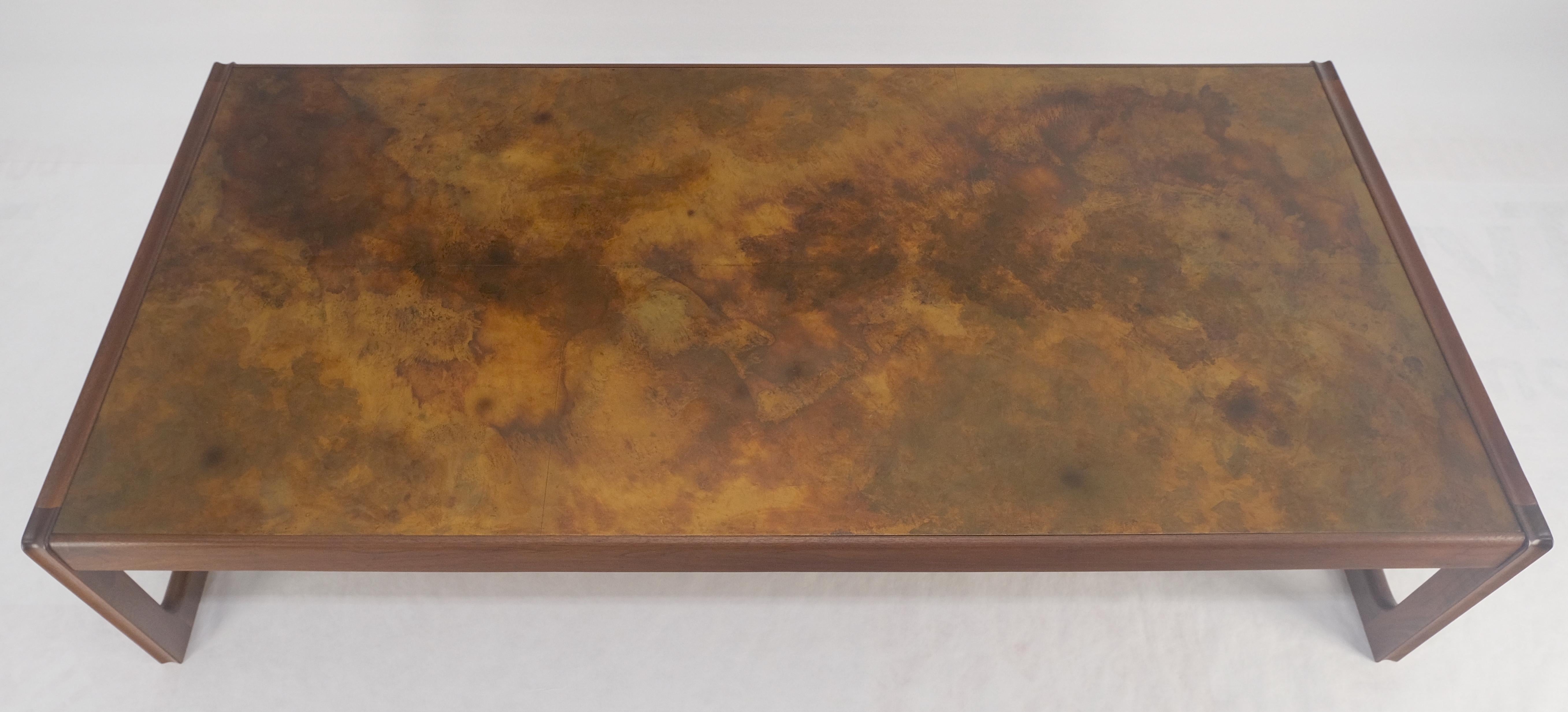 Lacquered Large Rectangle Patinated Copper Top Oiled Walnut Frame 1970s Coffee Table MINT
