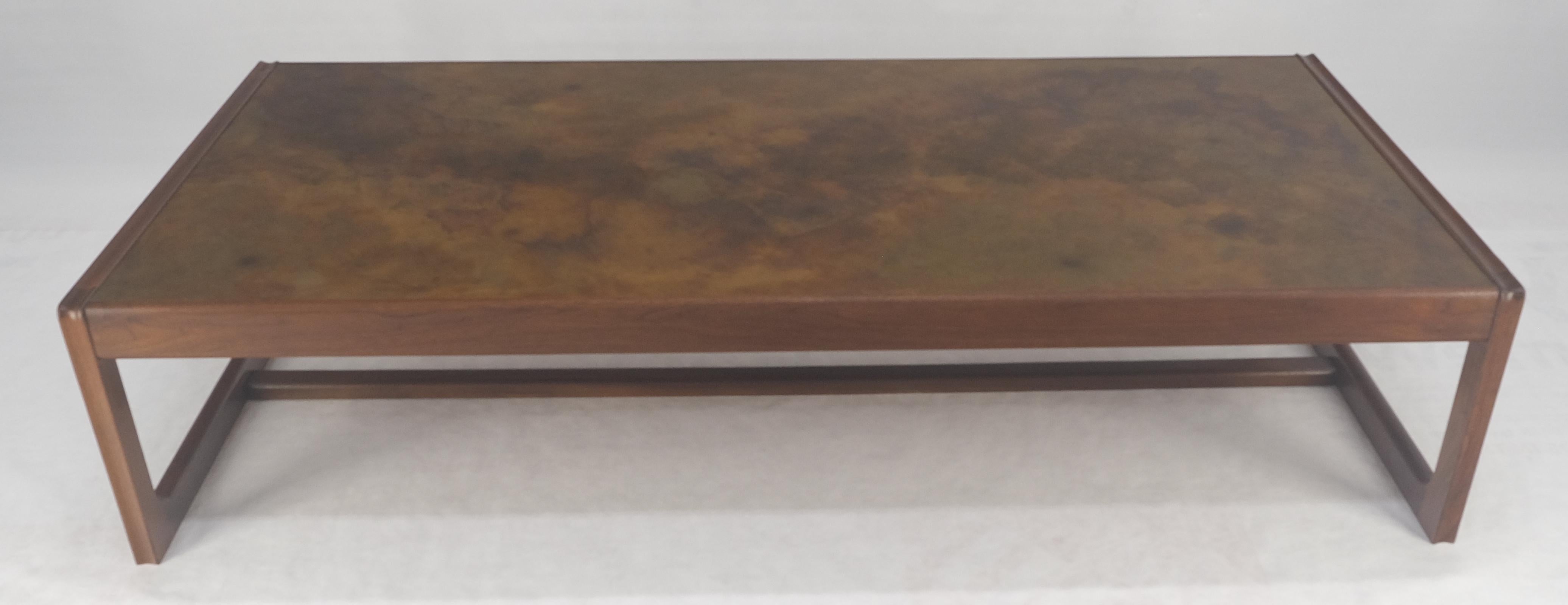 Large Rectangle Patinated Copper Top Oiled Walnut Frame 1970s Coffee Table MINT In Good Condition In Rockaway, NJ