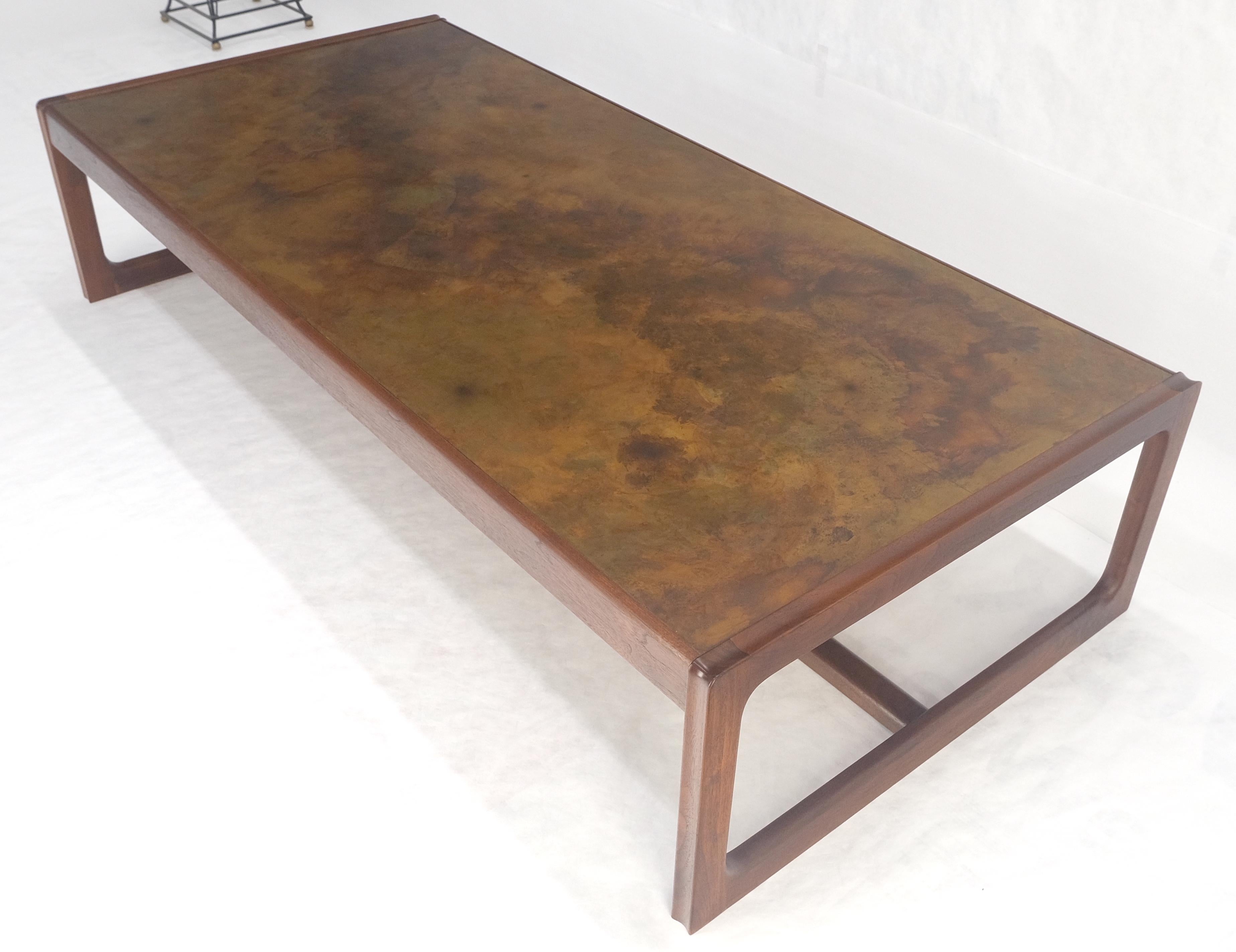 Brass Large Rectangle Patinated Copper Top Oiled Walnut Frame 1970s Coffee Table MINT