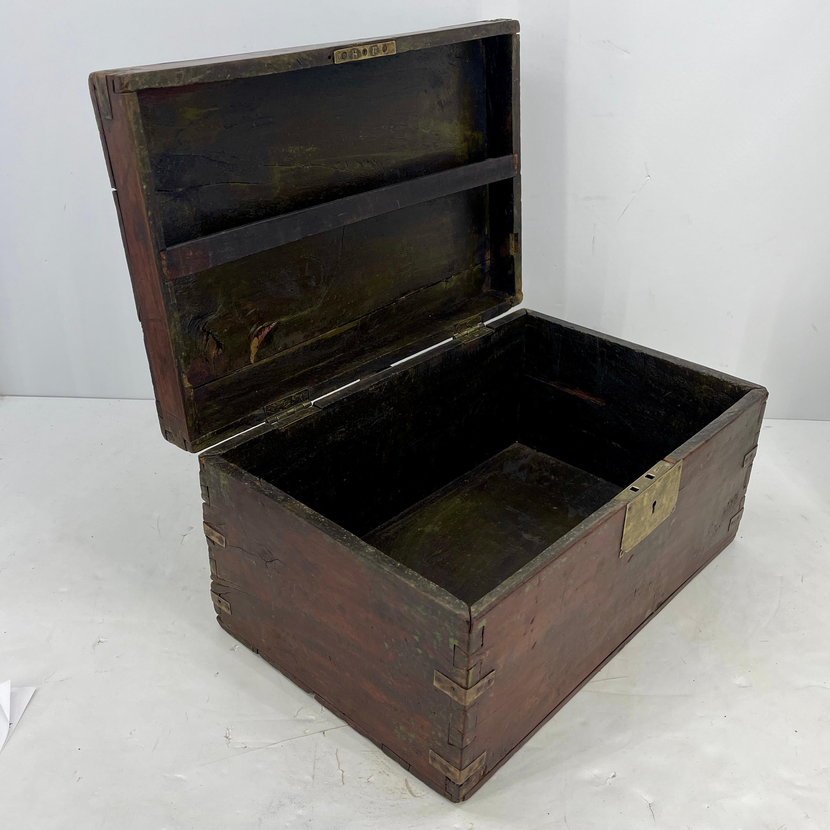 Large Rectangular Antique Wooden Campaign Box with Brass Hardware For Sale 4