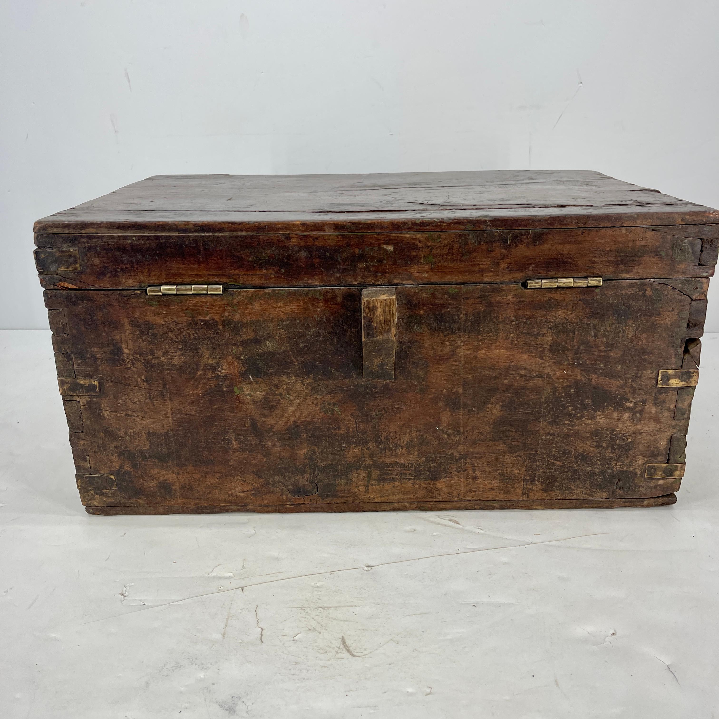 Large Rectangular Antique Wooden Campaign Box with Brass Hardware For Sale 8