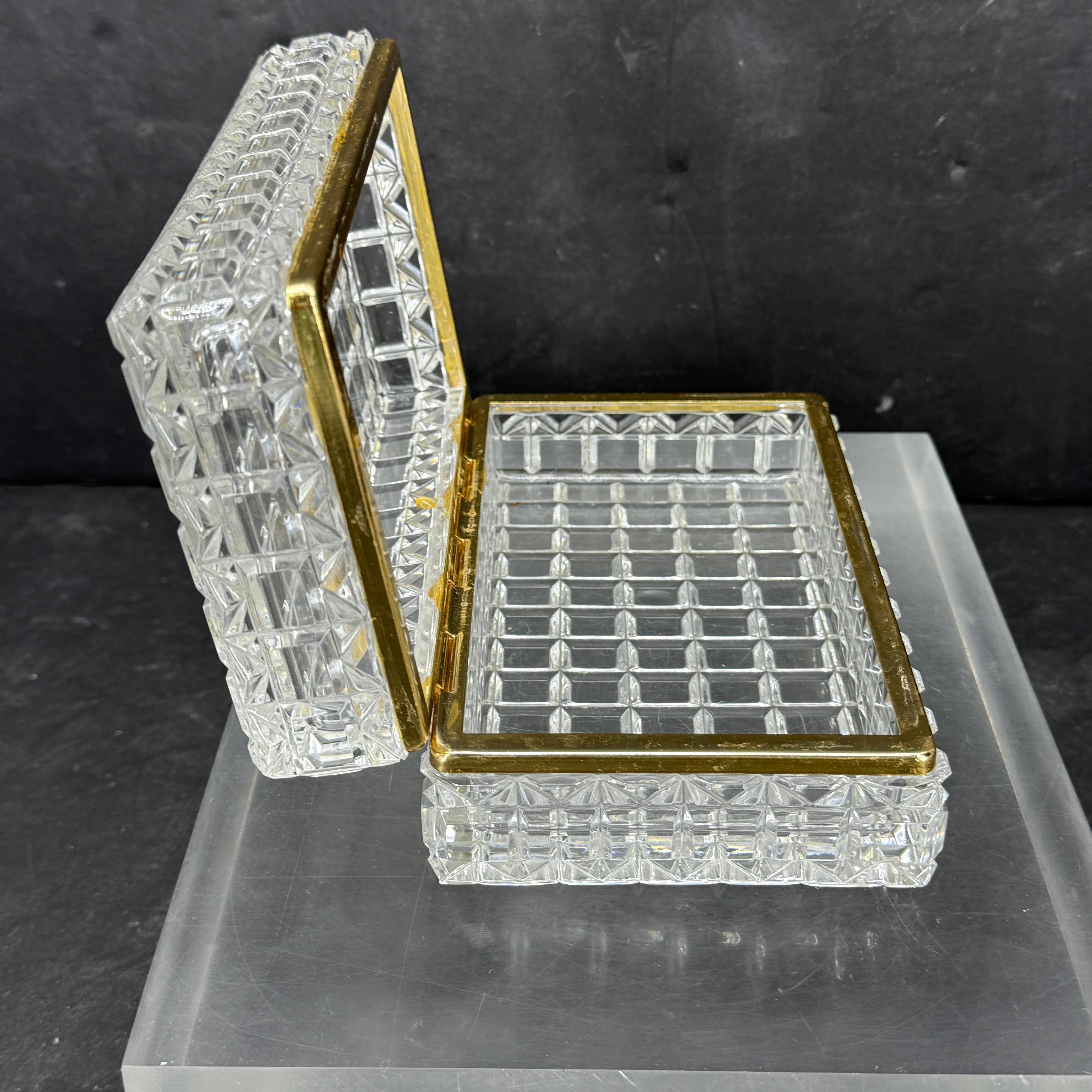 Large Rectangular Baccarat Style Cut Crystal Lidded Box with Brass Hardware For Sale 3