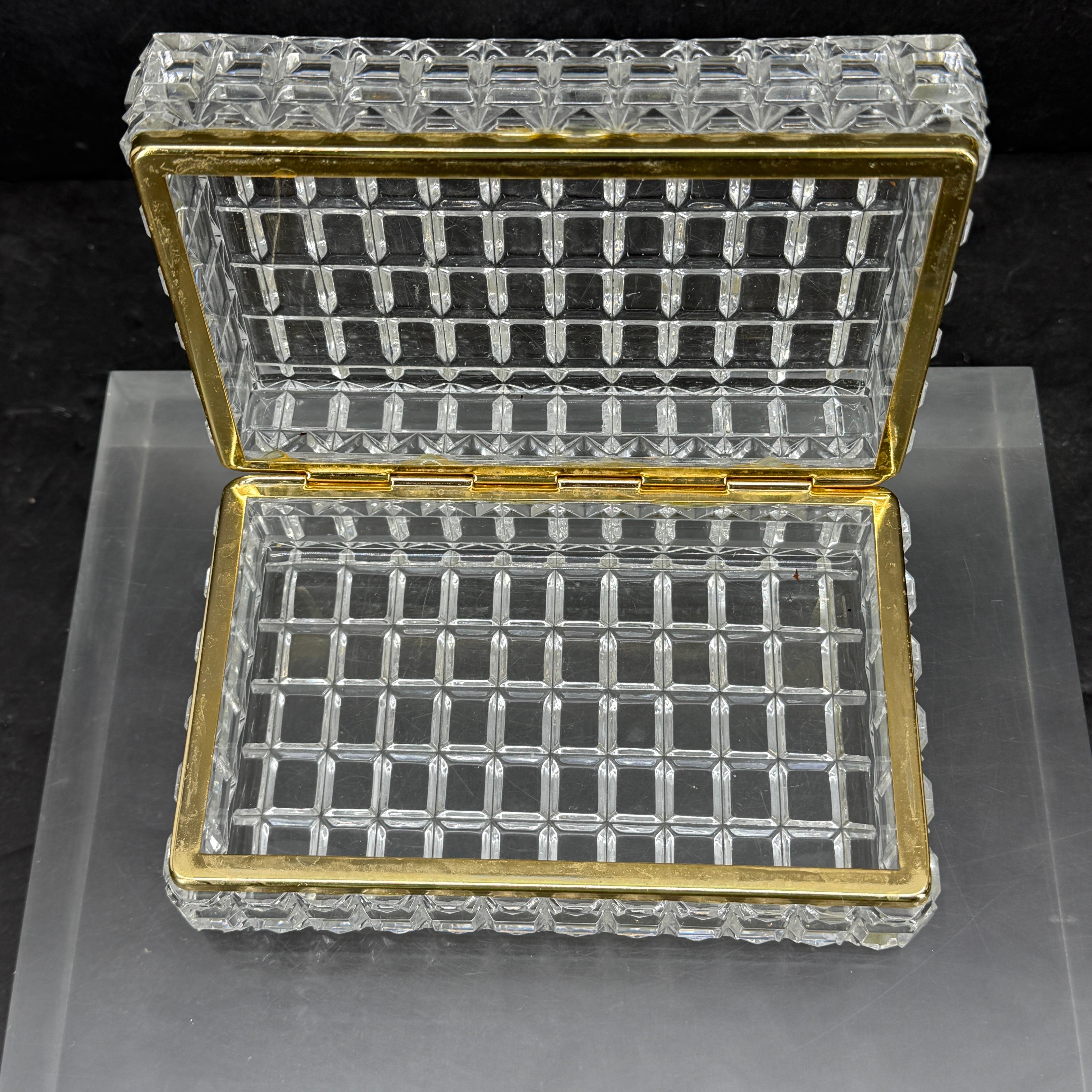 Large Rectangular Baccarat Style Cut Crystal Lidded Box with Brass Hardware For Sale 4