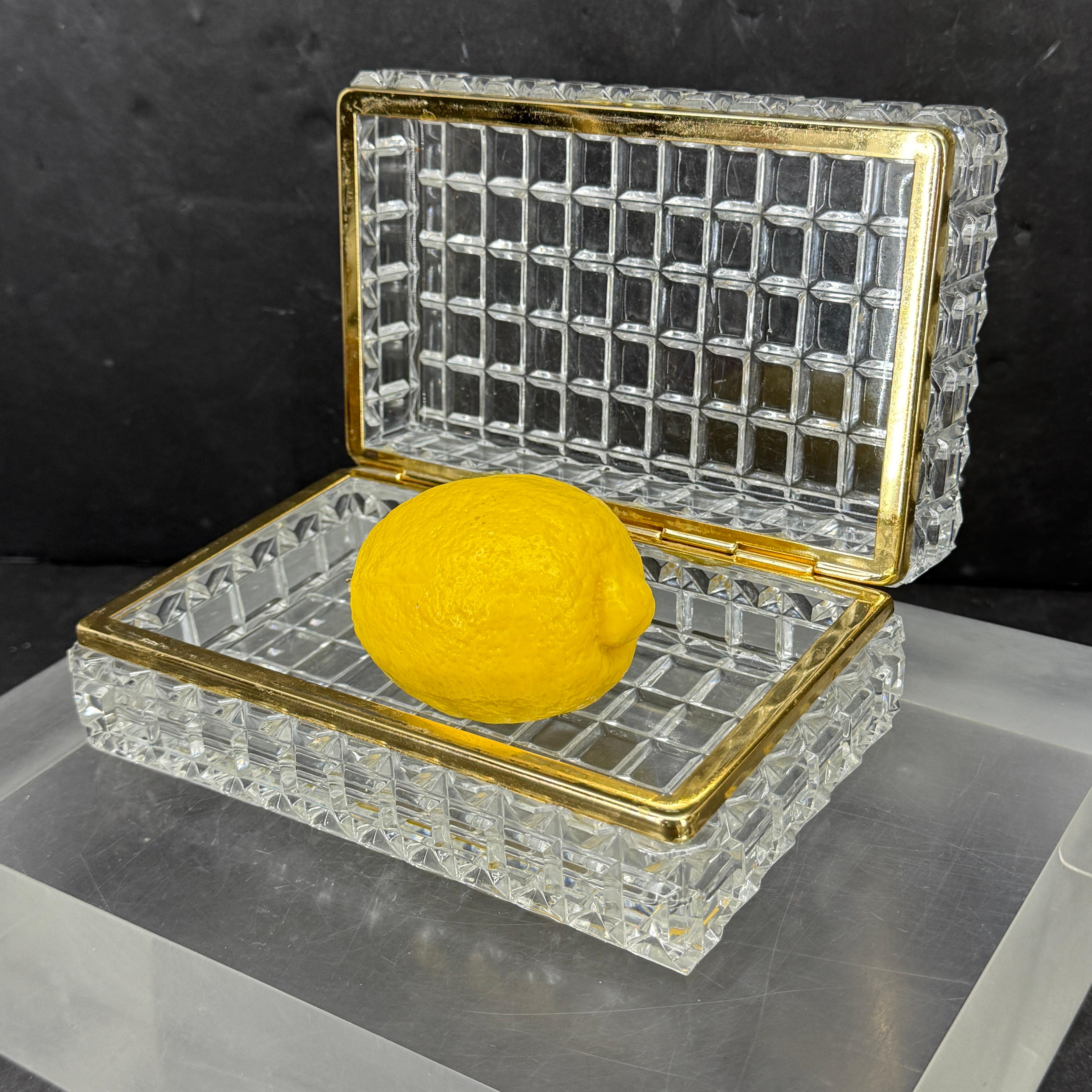 Large French antique rectangular cut crystal and brass jewelry box, vanity box. This cut crystal box is perfect as a desk accessory, a candy dish, a vanity box or jewelry box. The lovely crystal box makes a statement in any decor and room. A 1950's