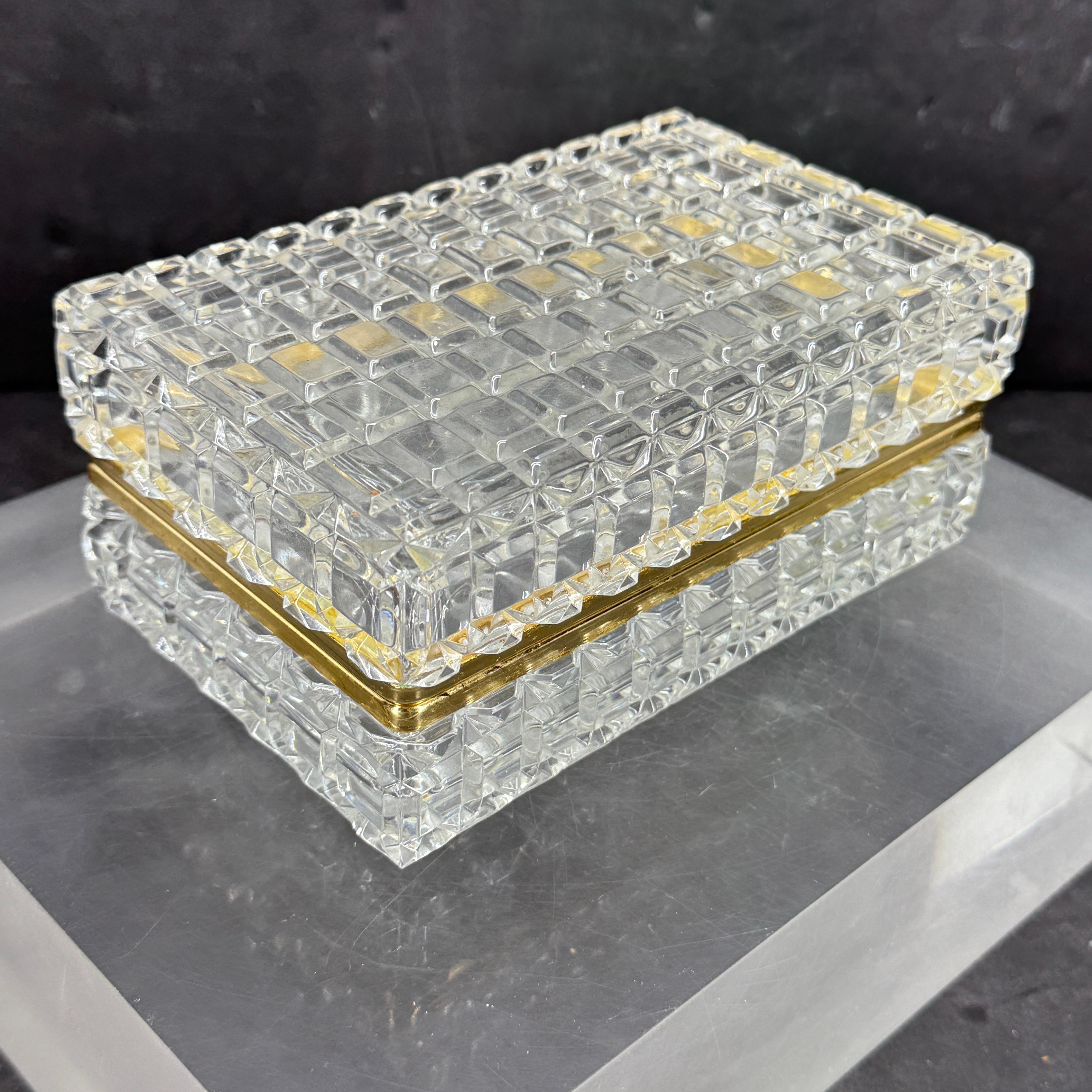 French Large Rectangular Baccarat Style Cut Crystal Lidded Box with Brass Hardware For Sale