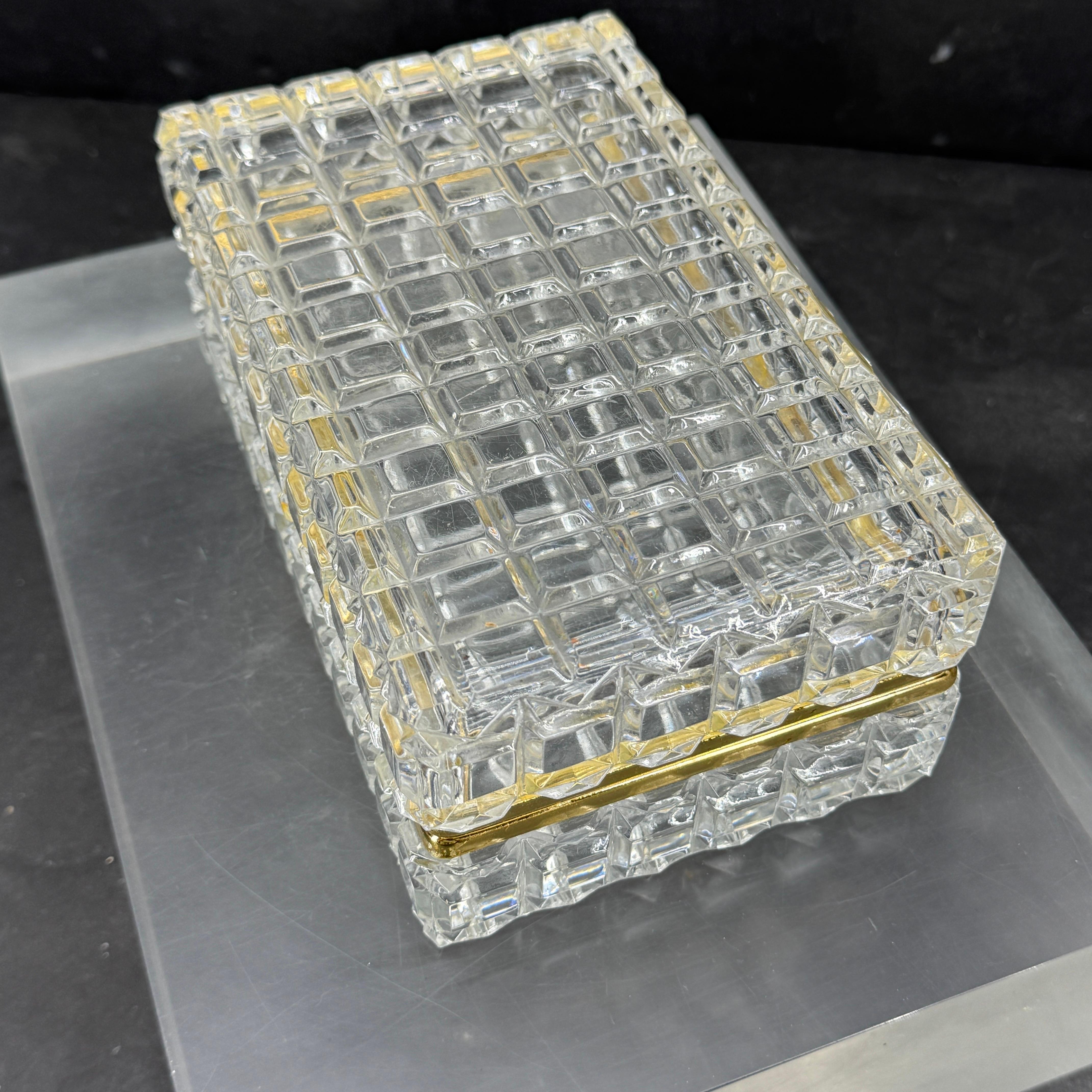 Hand-Crafted Large Rectangular Baccarat Style Cut Crystal Lidded Box with Brass Hardware For Sale