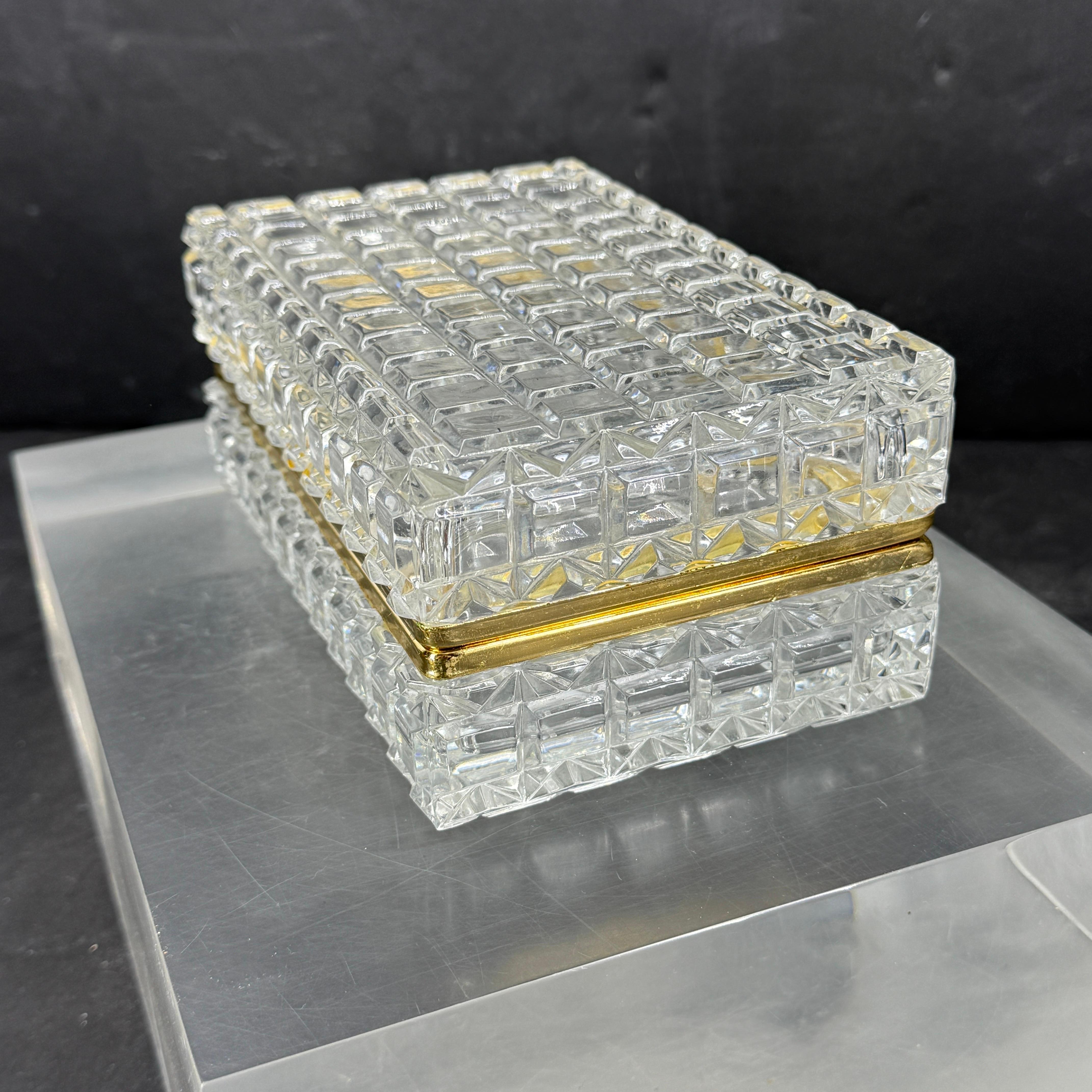 Large Rectangular Baccarat Style Cut Crystal Lidded Box with Brass Hardware In Good Condition For Sale In Haddonfield, NJ