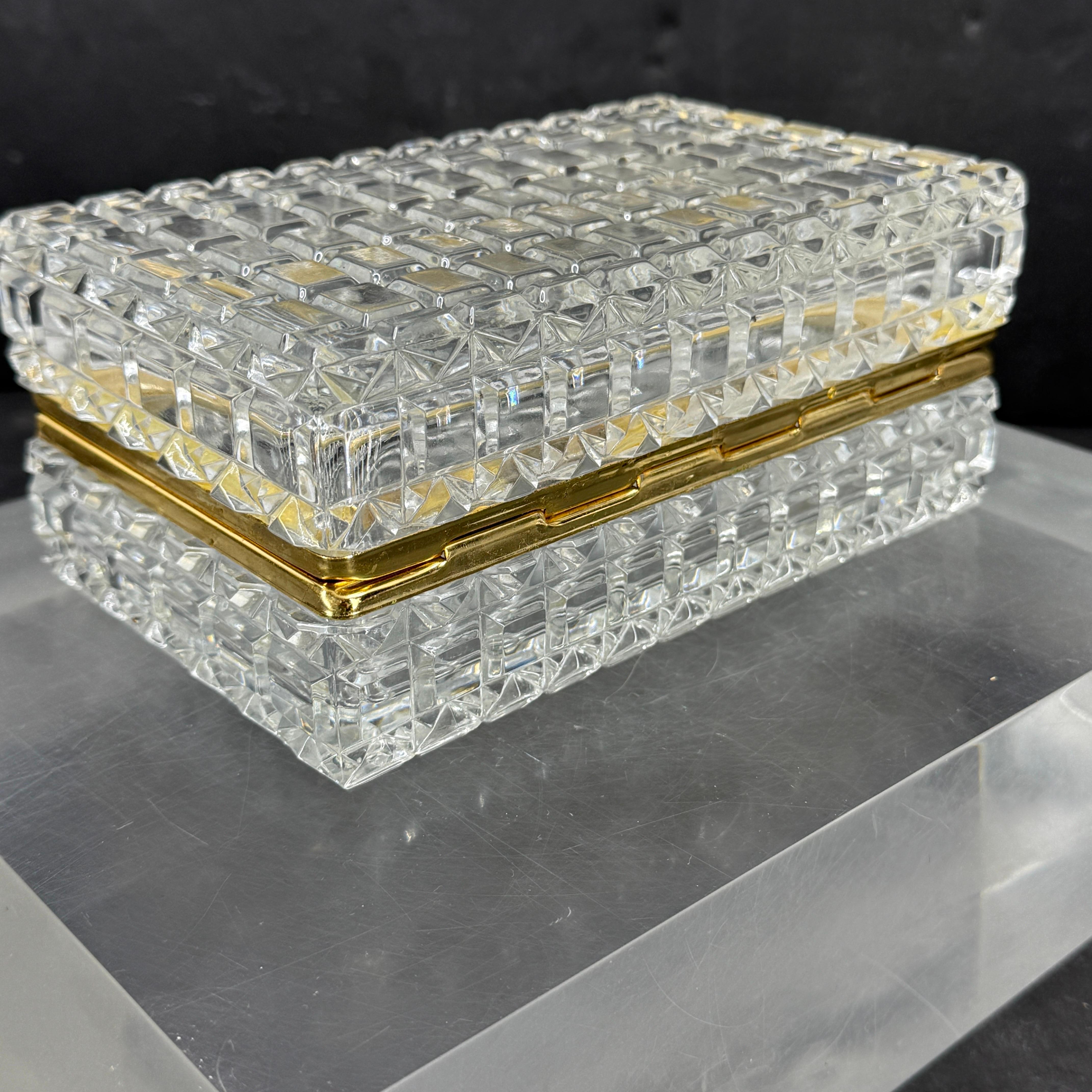 20th Century Large Rectangular Baccarat Style Cut Crystal Lidded Box with Brass Hardware For Sale